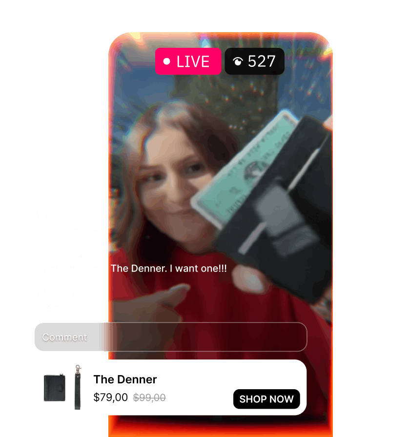 Live product demonstration with viewer comments, a viewer count and a Shop Now button inside the video player.