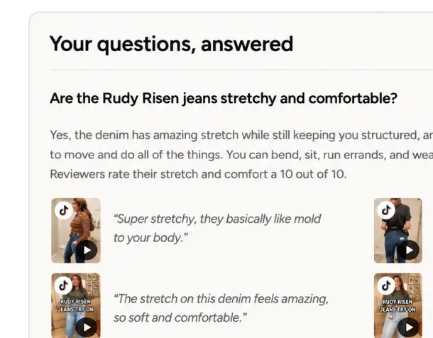 Product questions answered with customer video reviews and quotes about jeans’ stretch and comfort.