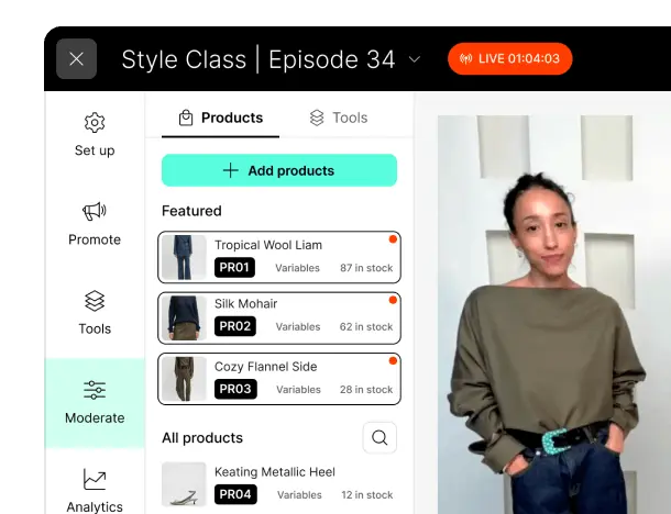 Live shopping dashboard with a host preview, product catalog, and controls for setup, promotion, moderation and analytics.