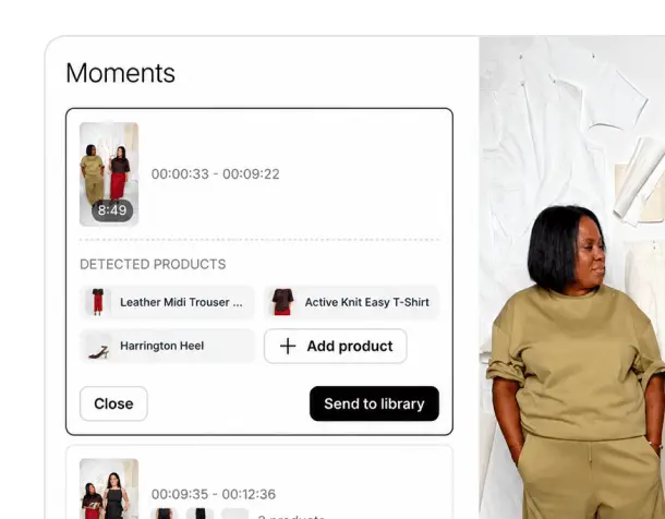 Dashboard showing clips extracted from a livestream, with detected products and an option to save clips to the video library.
