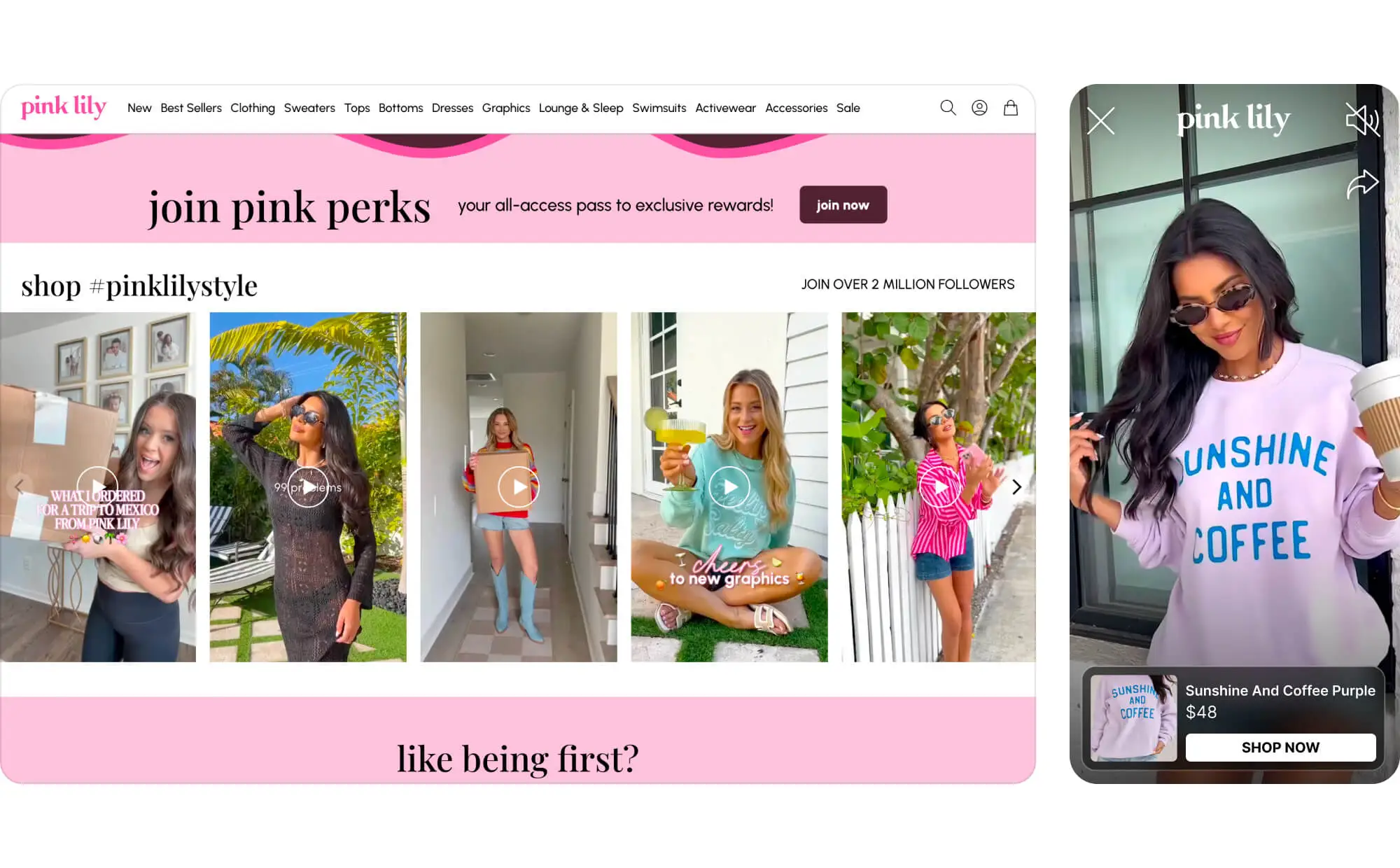 mobile product video and desktop product video carousel examples from pink lily store
