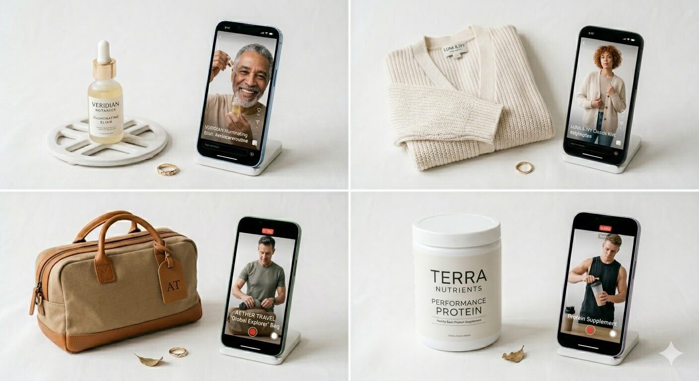 commerce product flat lay with skincare apparel supplements and bags each paired with product video on smartphone