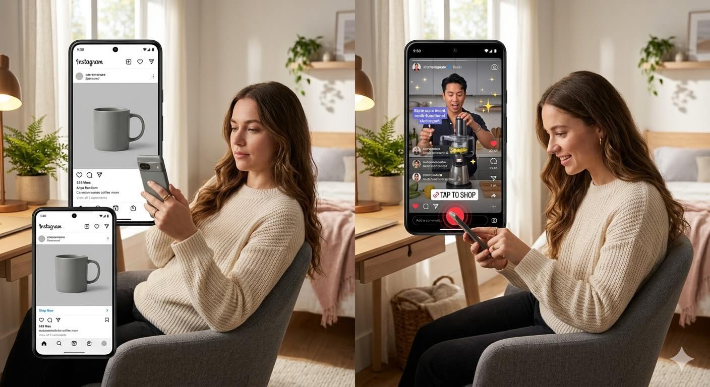 Split scene showing a woman disengaged with a static product post versus actively shopping through an interactive shoppable video