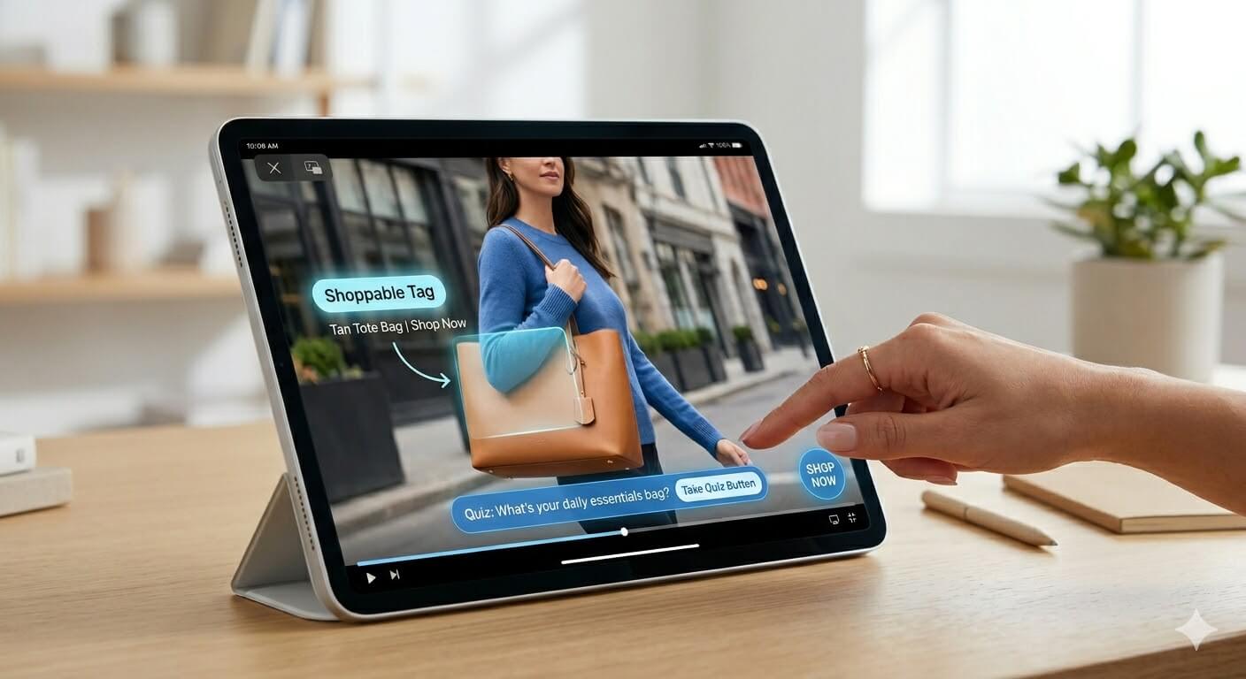 Woman tapping a shoppable product tag on an interactive video playing on a tablet with a quiz prompt and add-to-cart button visible