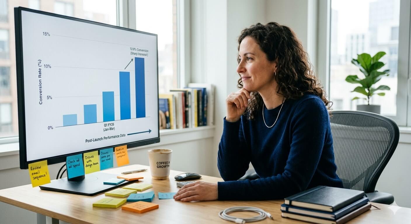 Marketer reviewing a conversion rate chart showing a sharp upward trend after deploying interactive video on an ecommerce store