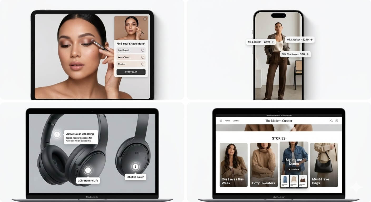 Four interactive video ecommerce formats: beauty shade quiz, shoppable fashion tags, product hotspots, and a Shopify stories widget