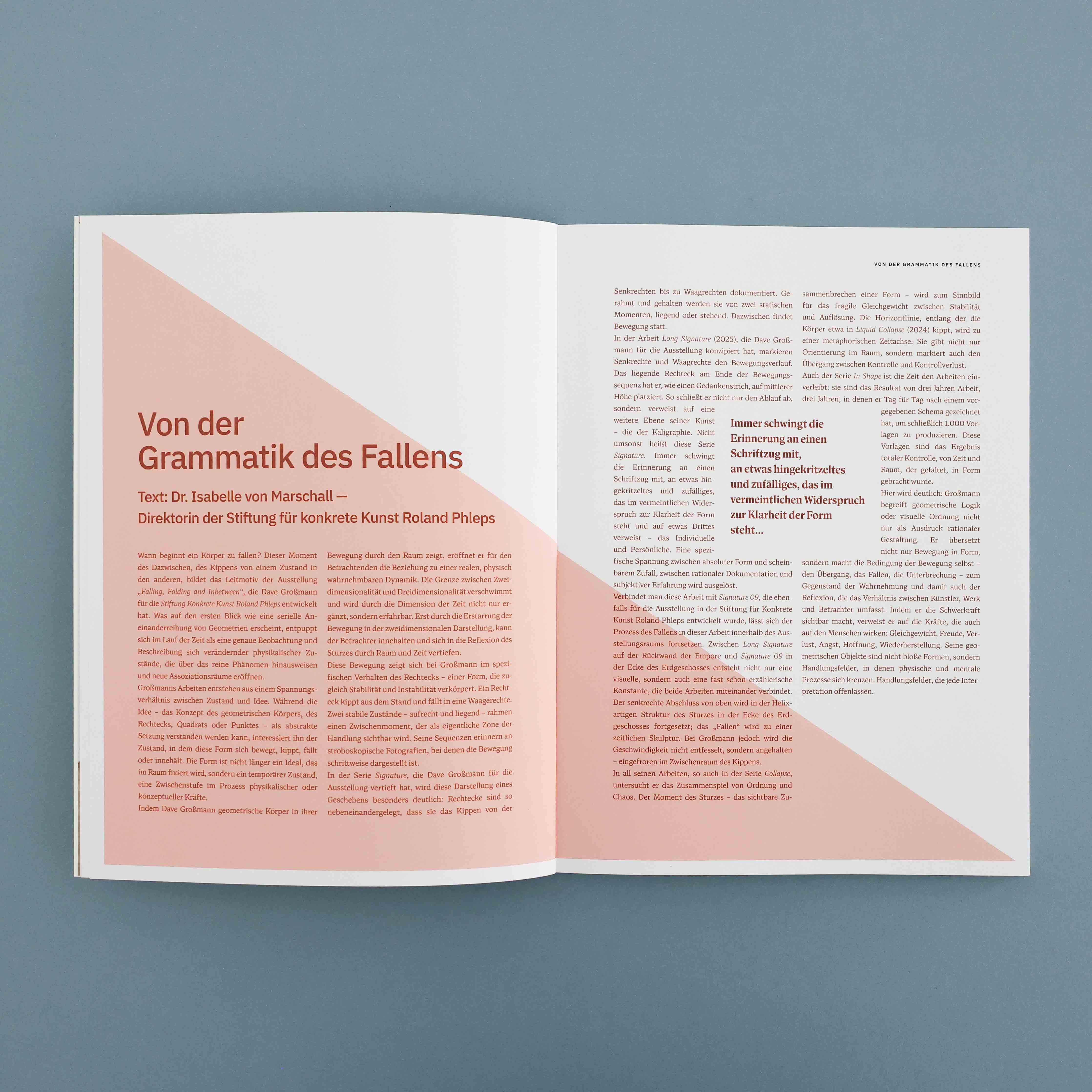 Close-up of a black page with white German text, including a centered, bold statement about uncovering rather than designing certain forms.