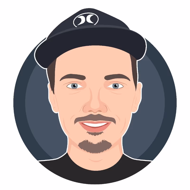 Illustrated portrait of a man with light skin, blue eyes, a goatee, wearing a black cap and black shirt.