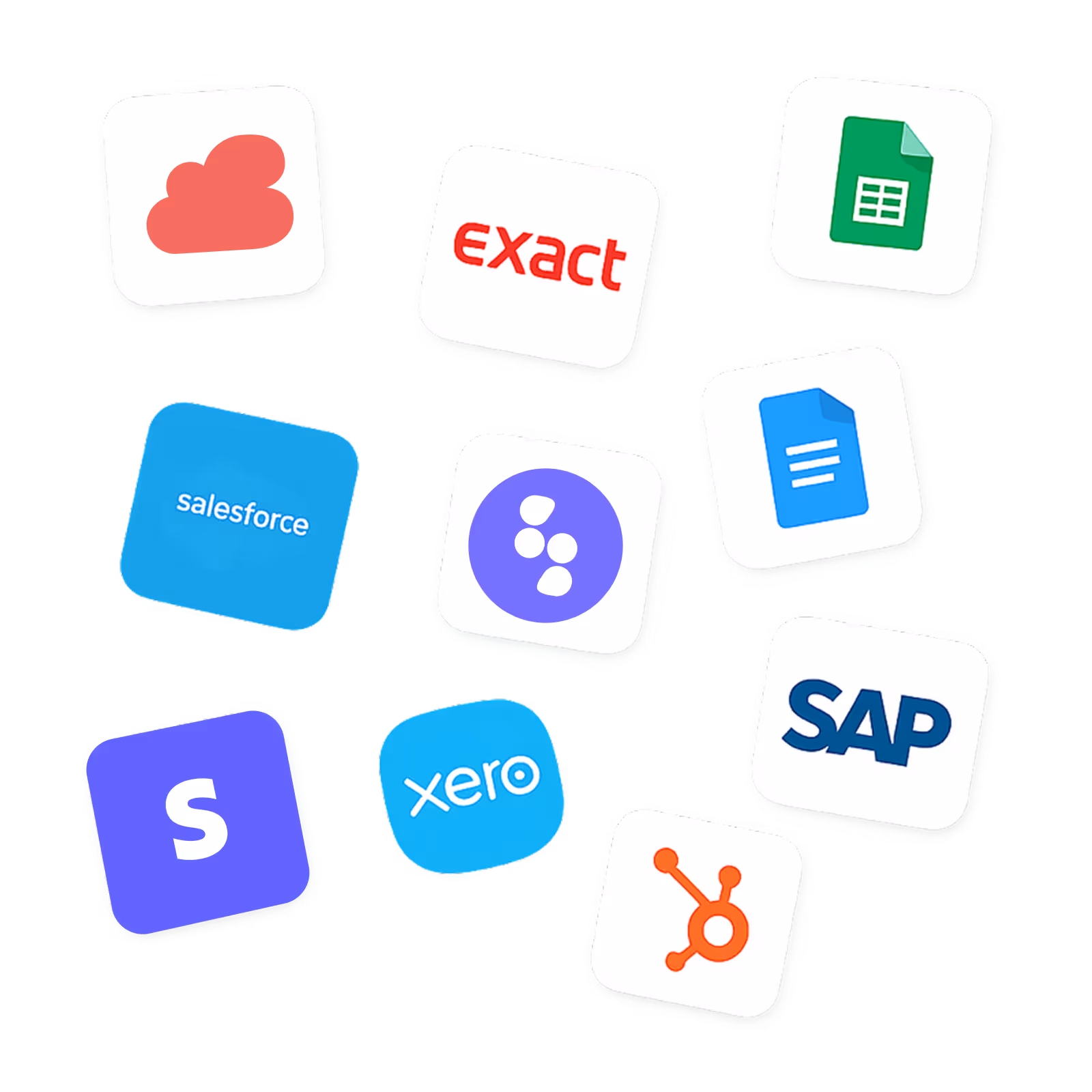 Collage of software integration logos including Exact, Google Sheets, Salesforce, Asana, Google Docs, SAP, Xero, S (Stripe), and HubSpot.