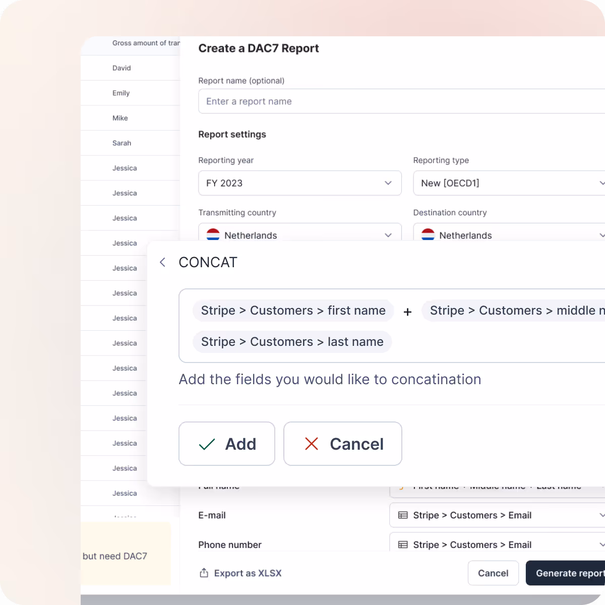 User interface for creating a DAC7 report showing report settings and a CONCAT function to combine customer first, middle, and last names.