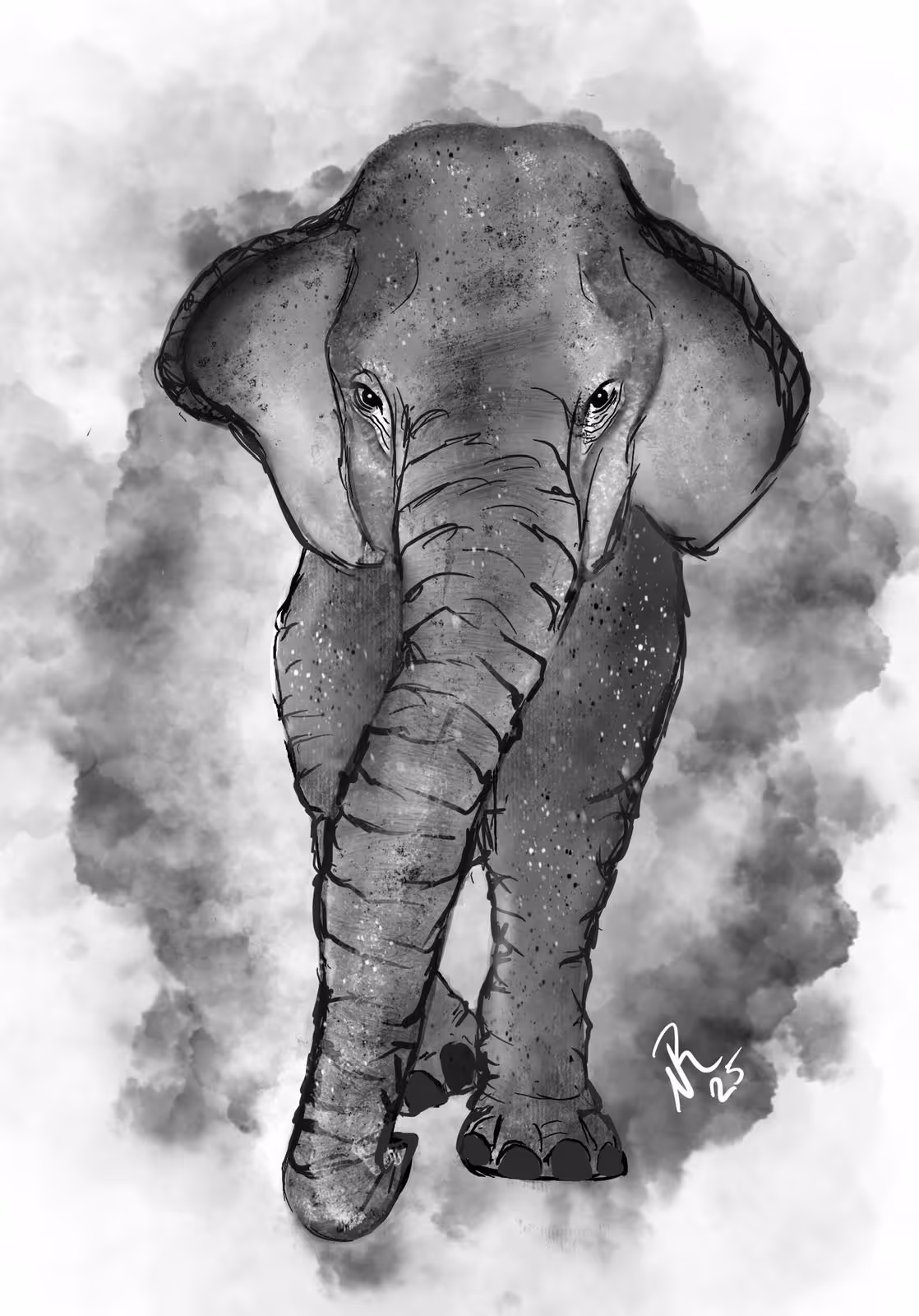 Black and white artistic illustration of an elephant walking forward through mist or smoke.