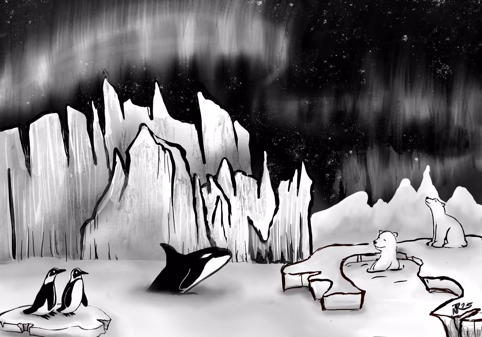 Black and white drawing of an icy landscape with penguins, an orca whale, and two polar bears among ice formations under a starry sky.
