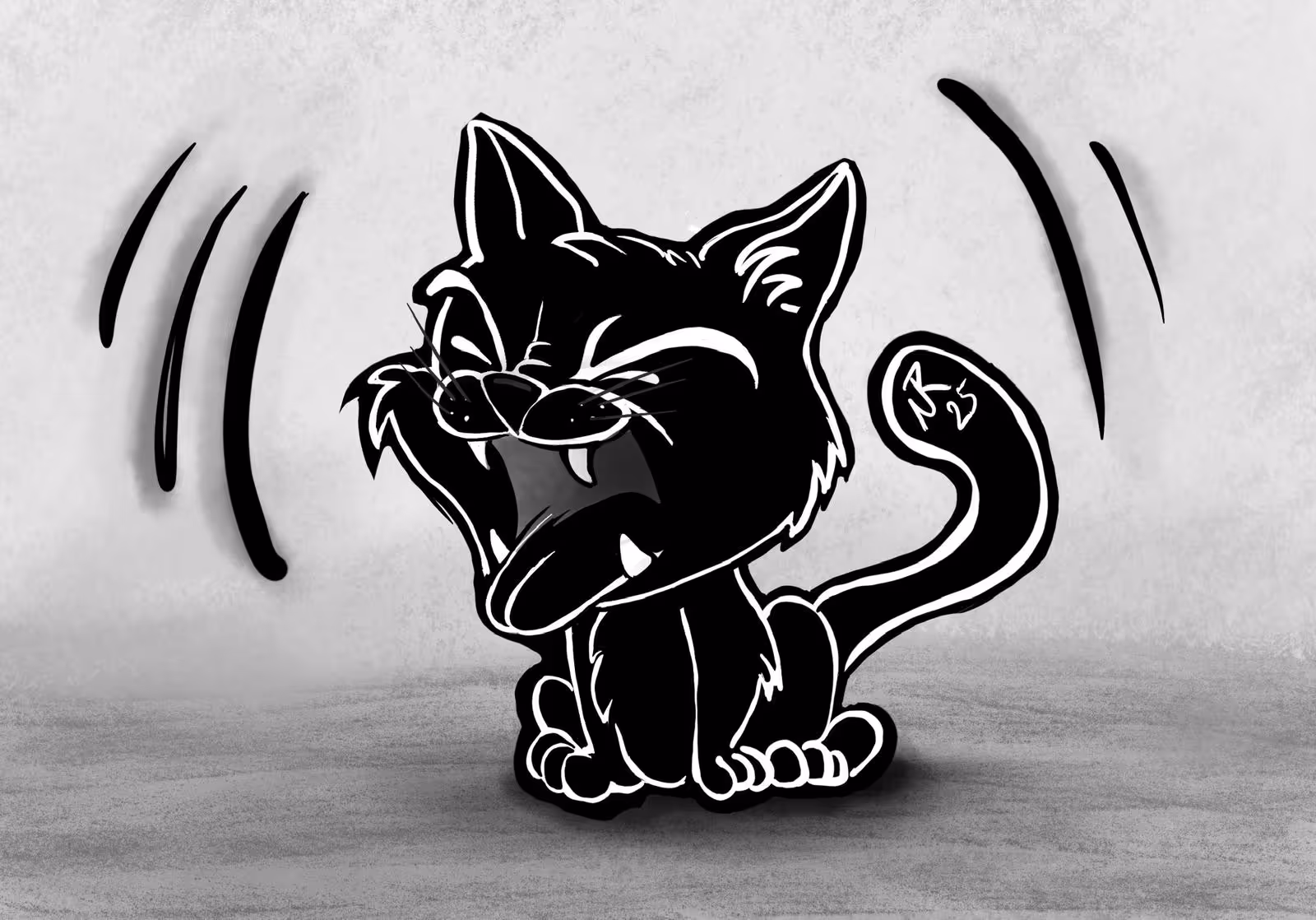 Black cartoon cat with white outlines, eyes closed, mouth open, tongue out, and tail raised.