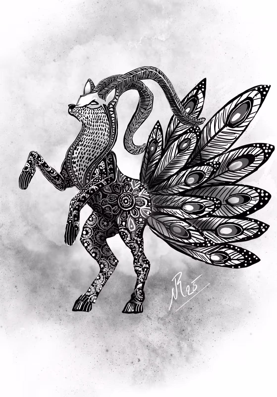 Black and white fantasy illustration of a rearing creature with patterned body, long curved horns, and peacock-like feathered tail.