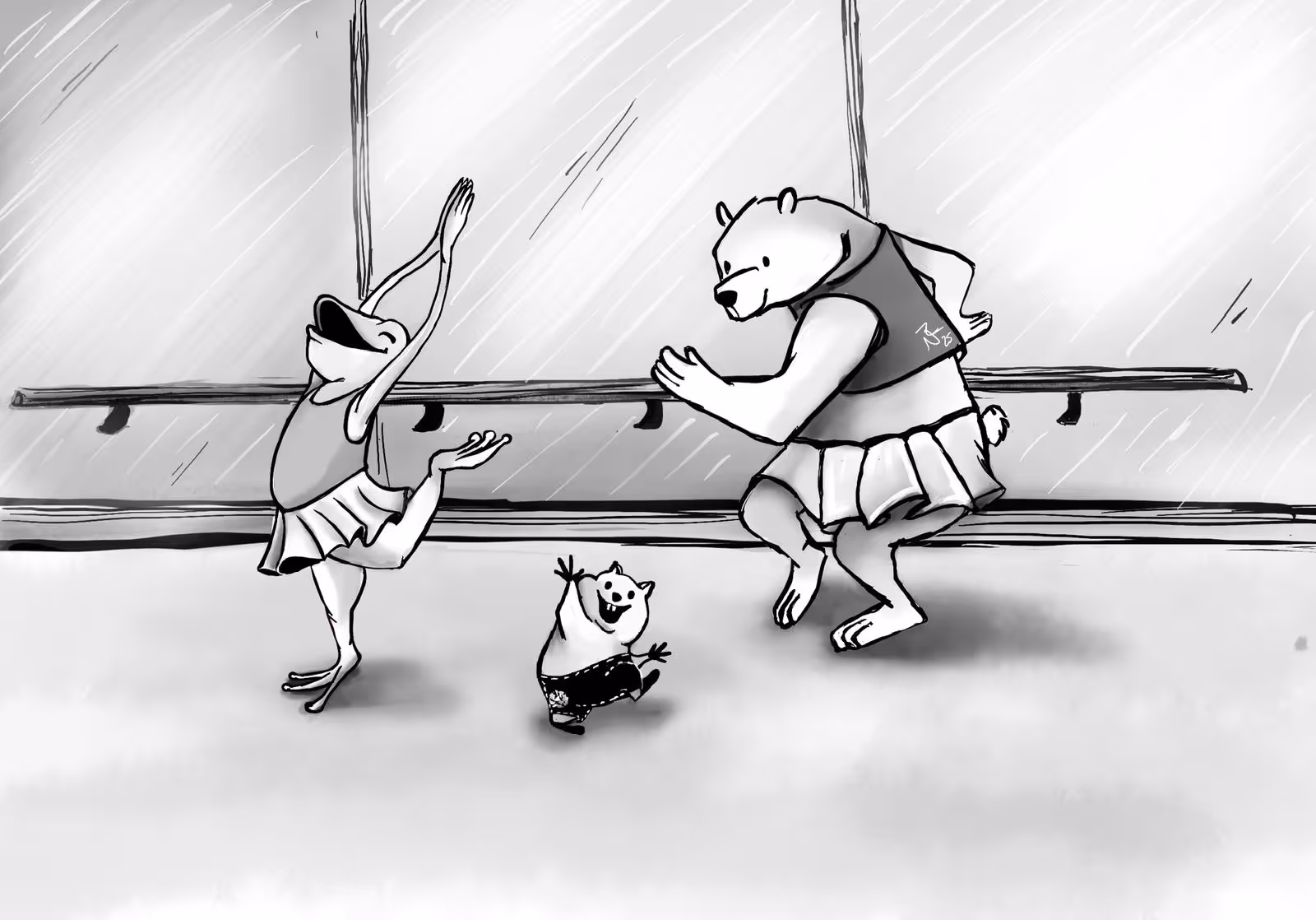 Black and white illustration of a frog, bear, and cat in a dance studio wearing skirts and dancing joyfully in front of a mirrored wall and ballet barre.