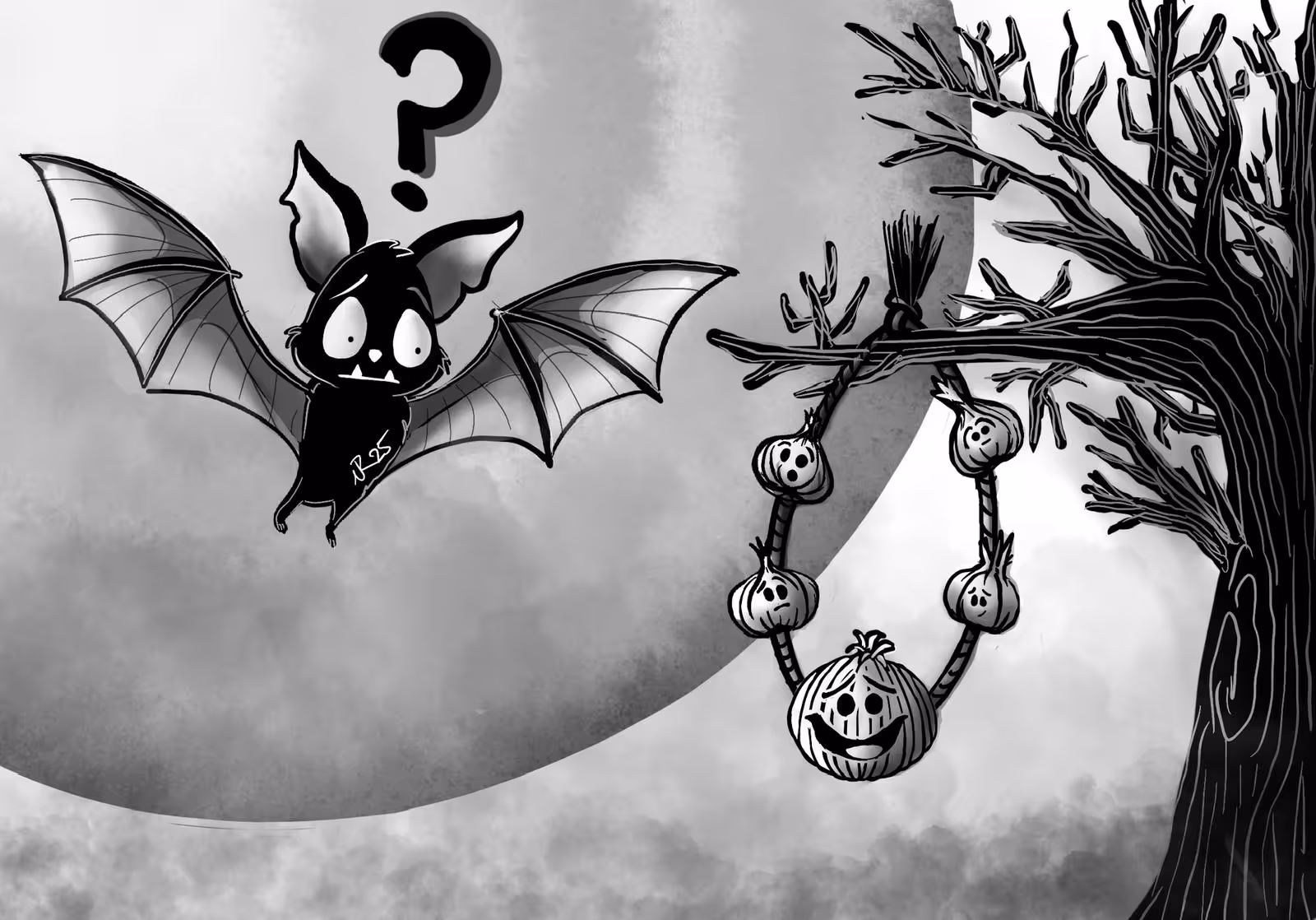 Black and white cartoon of a confused bat with a question mark above its head, near a tree branch holding a smiling onion and smaller onions with faces.
