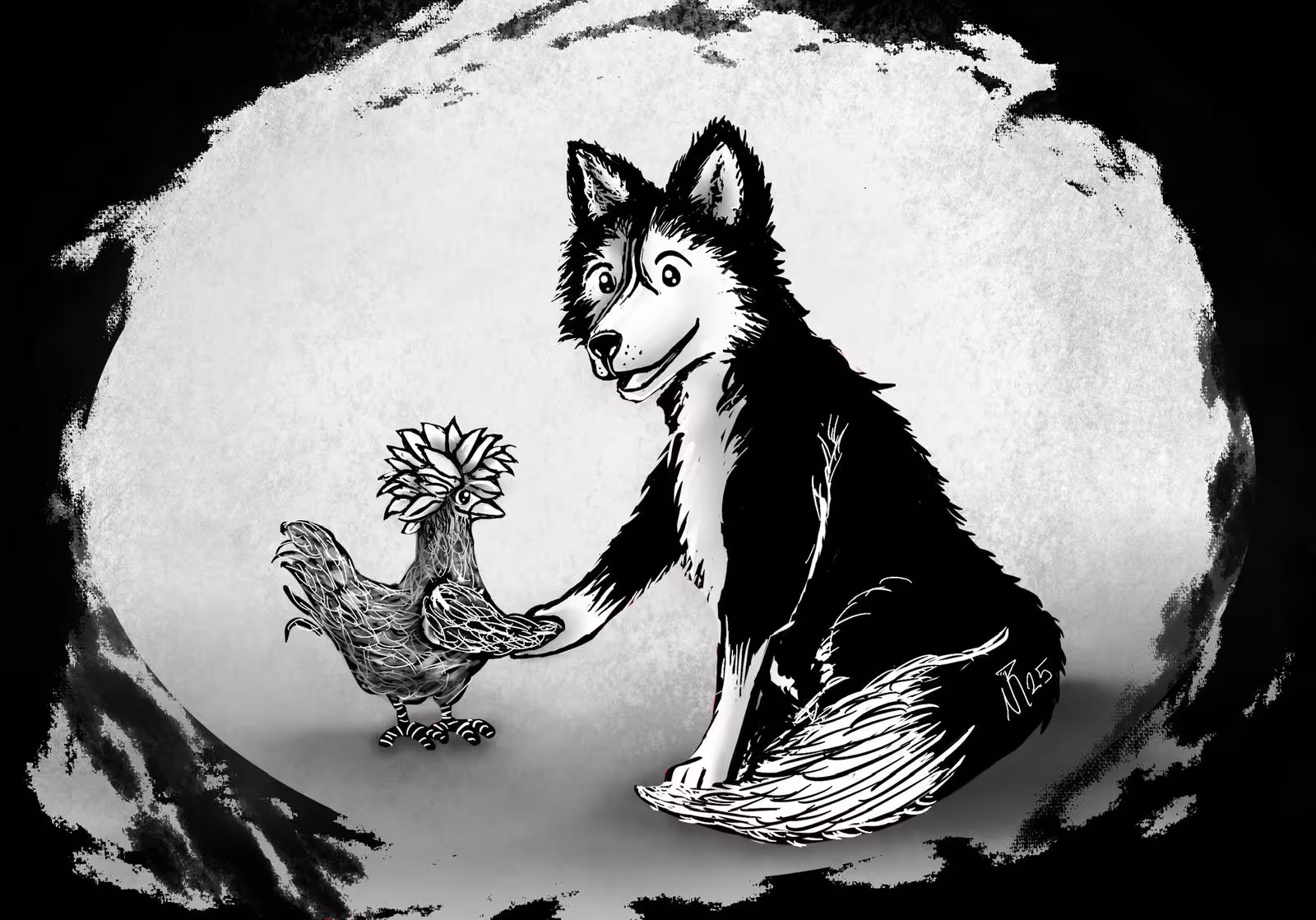 Black and white illustration of a happy dog shaking hands with a chicken wearing a flower hat.