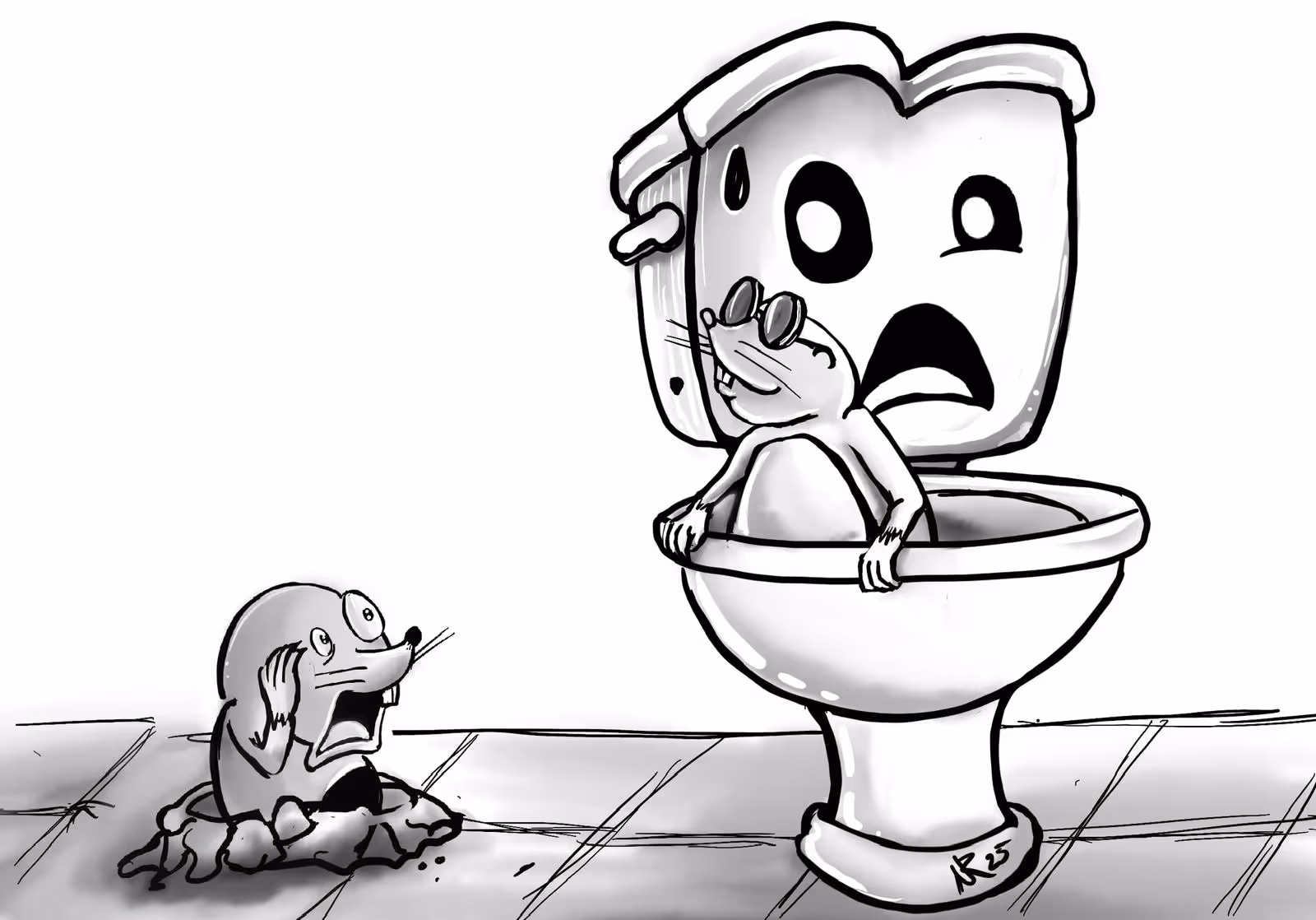 Cartoon of a scared mouse emerging from a hole looking at another mouse wearing sunglasses sitting inside a shocked-faced toilet bowl.
