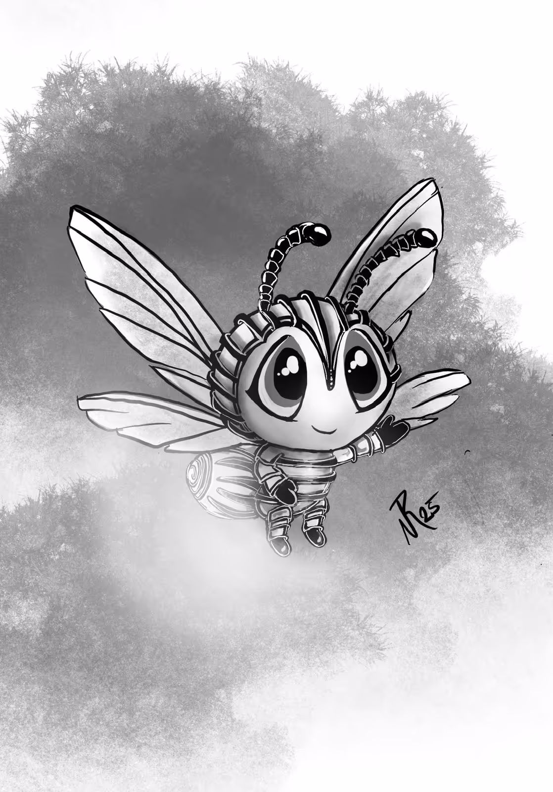 Black and white cartoon-style bee with large eyes and detailed wings flying against a textured gray background.