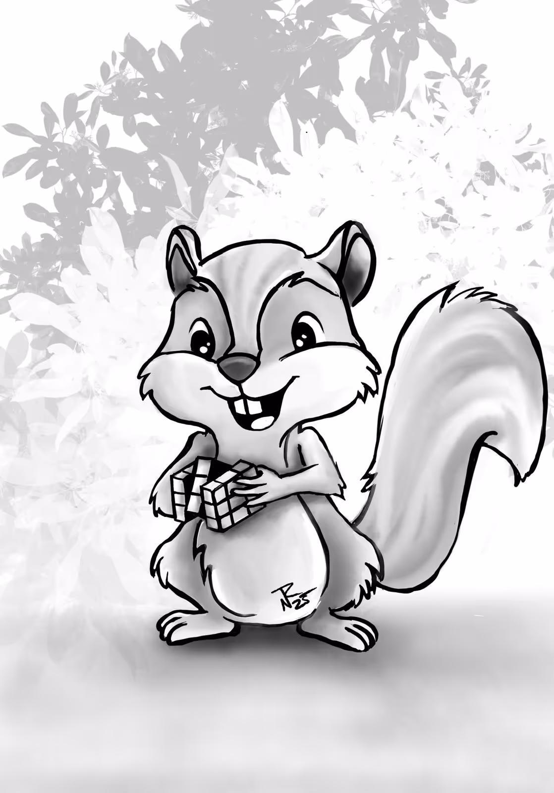 Black and white cartoon squirrel holding a solved Rubik's cube with a leafy background.