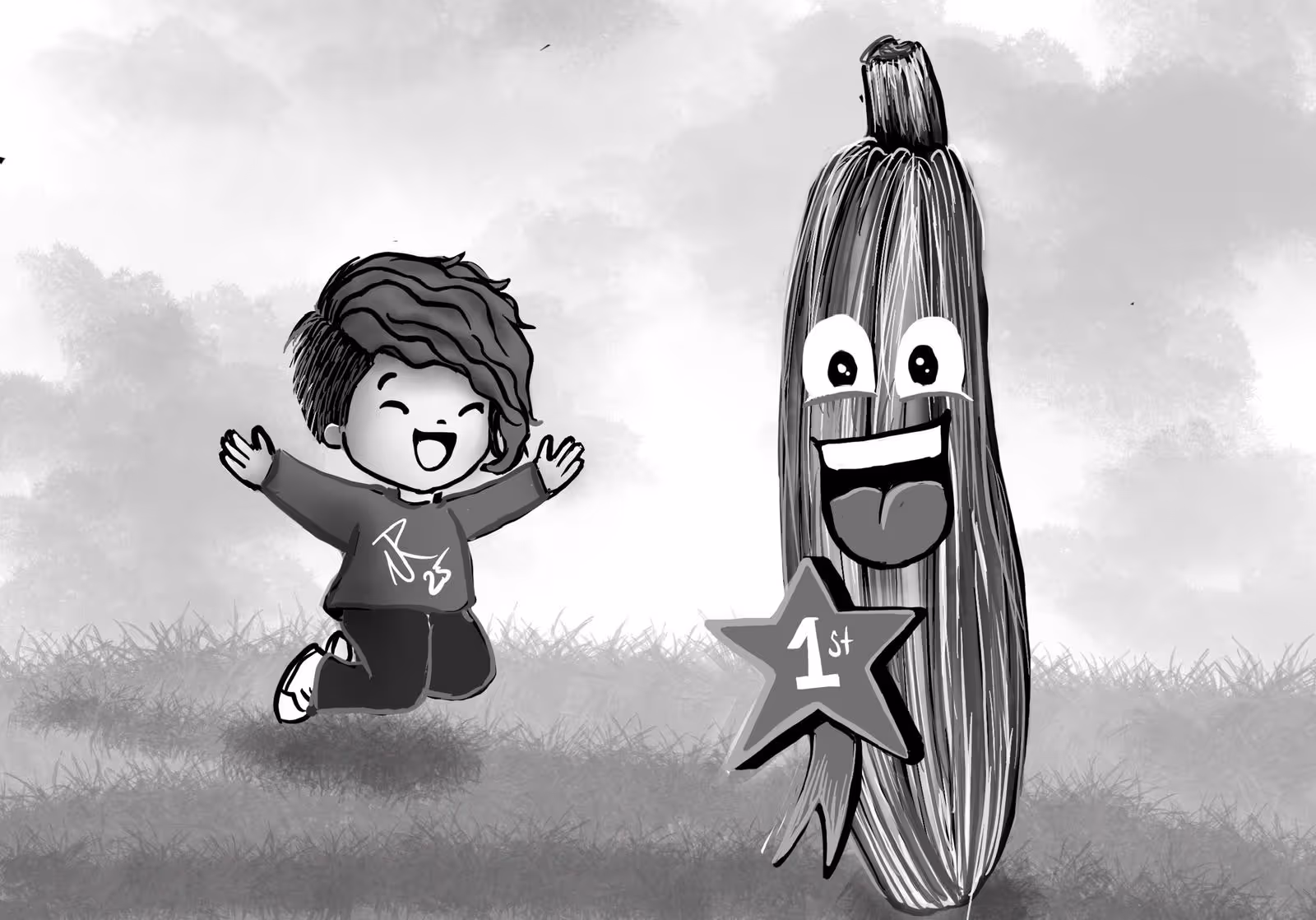 Happy child jumping with arms raised next to a smiling animated banana holding a star that says 1st.