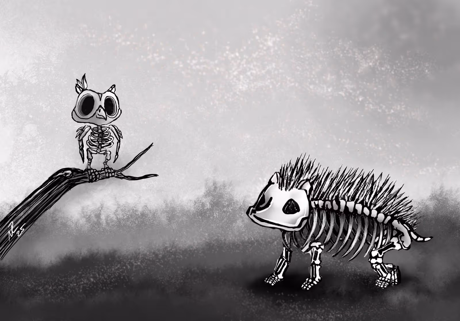 Black and white drawing of a skeletal owl perched on a branch and a skeletal spiky animal standing on the ground in a misty background.