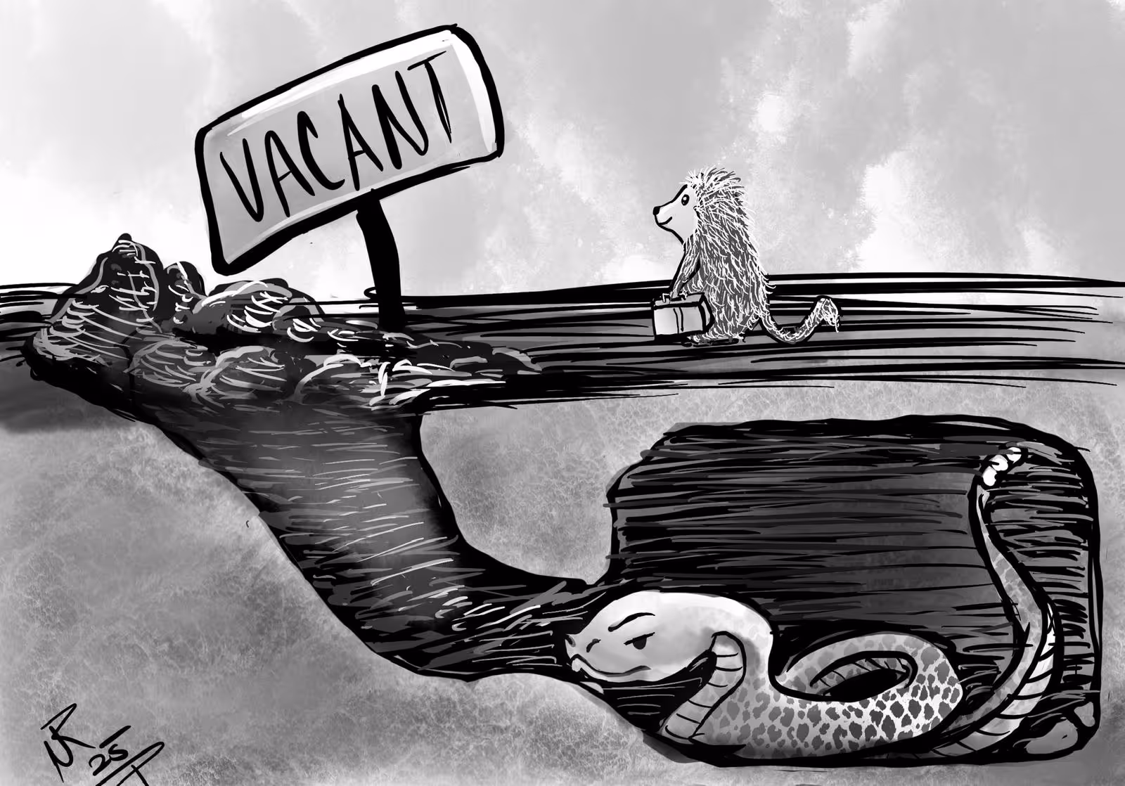 Black and white illustration of a hedgehog carrying luggage walking on a path labeled 'VACANT' with a coiled snake hidden underneath the path.