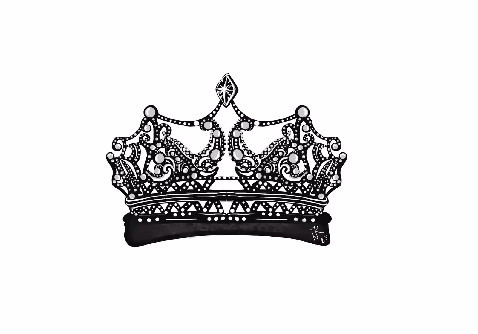 Intricately designed black and white crown with ornamental patterns and circular jewels.
