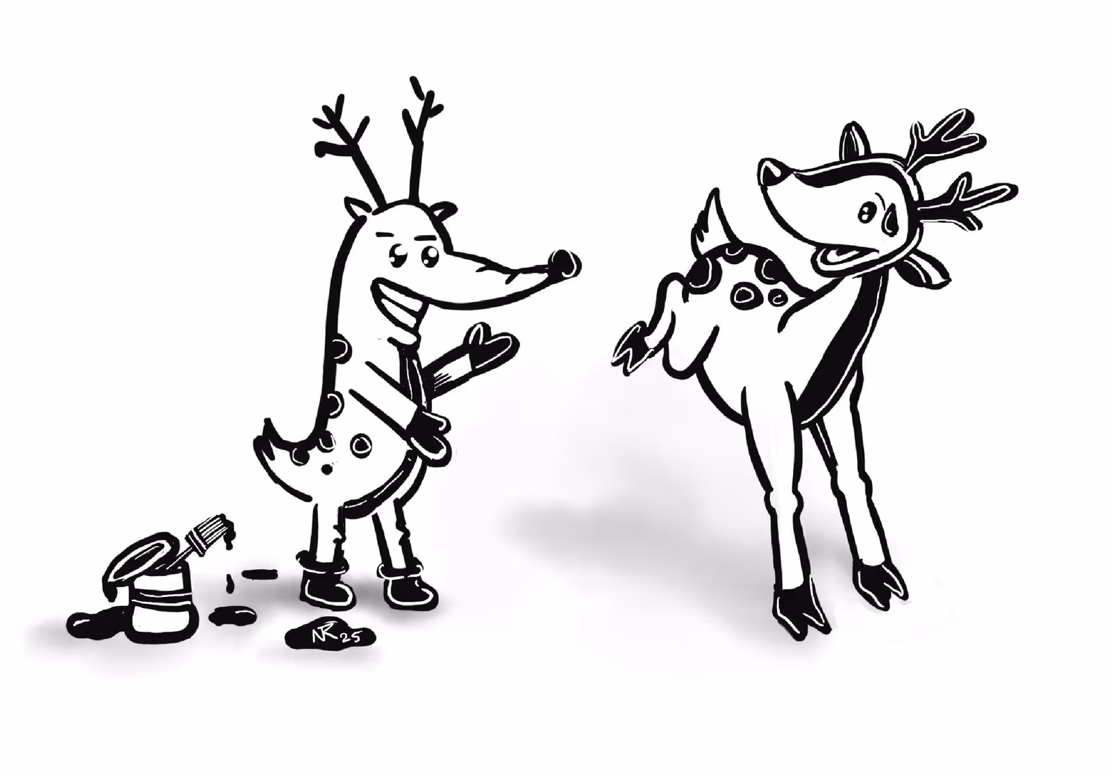 Cartoon of a smiling reindeer standing on two legs with paint on its body next to a paint can and brush, painting another happy reindeer.