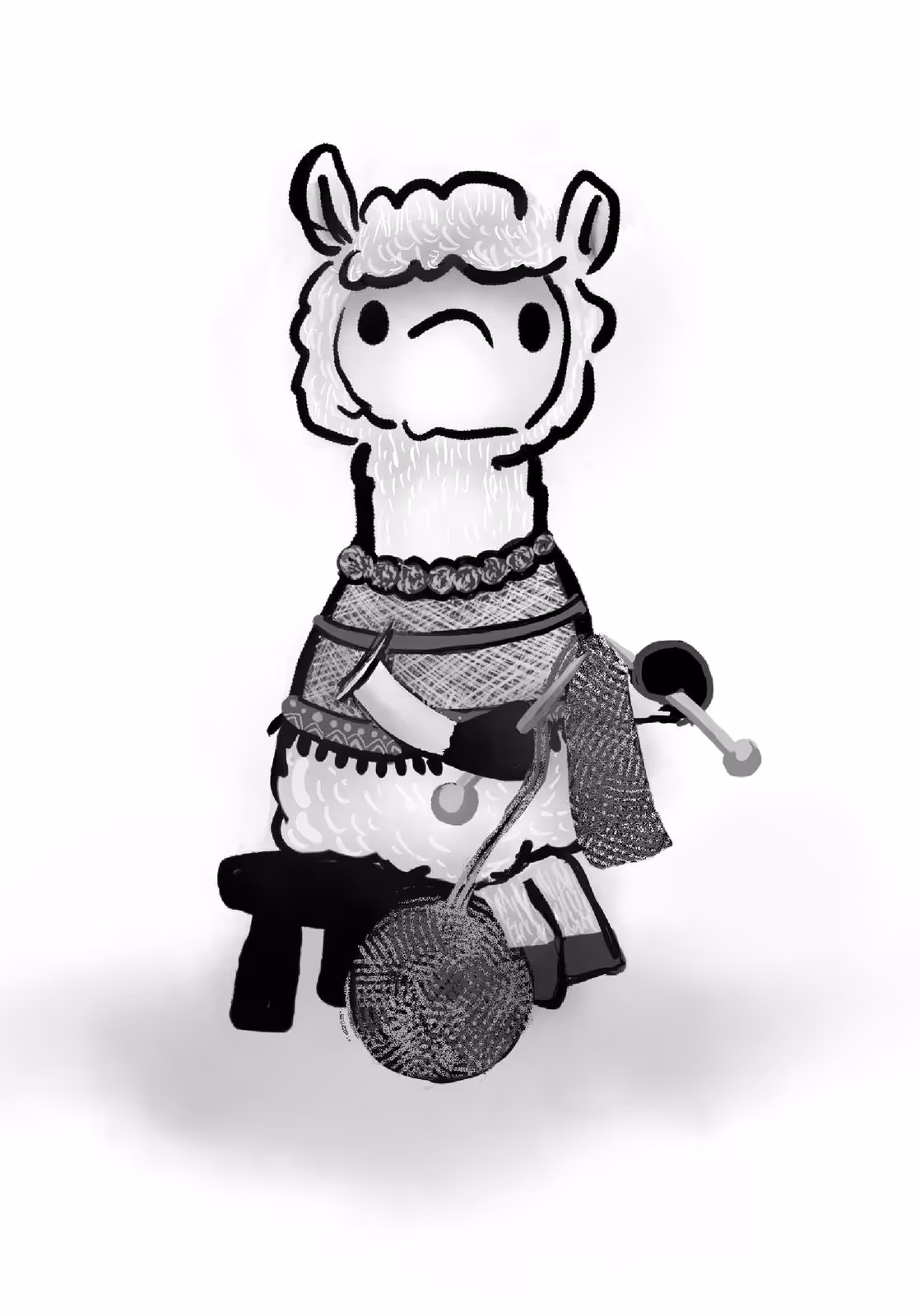 Cartoon llama sitting on a stool knitting with yarn and needles, wearing a patterned shawl and necklace.