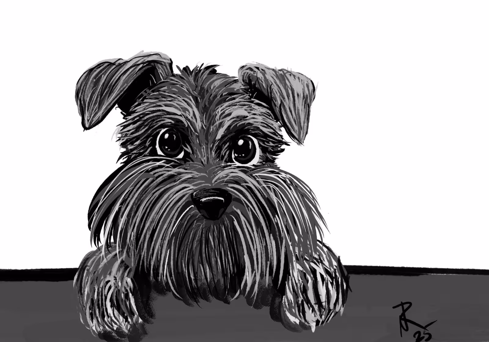 Black and white digital illustration of a dog with large eyes resting its front paws on a surface.