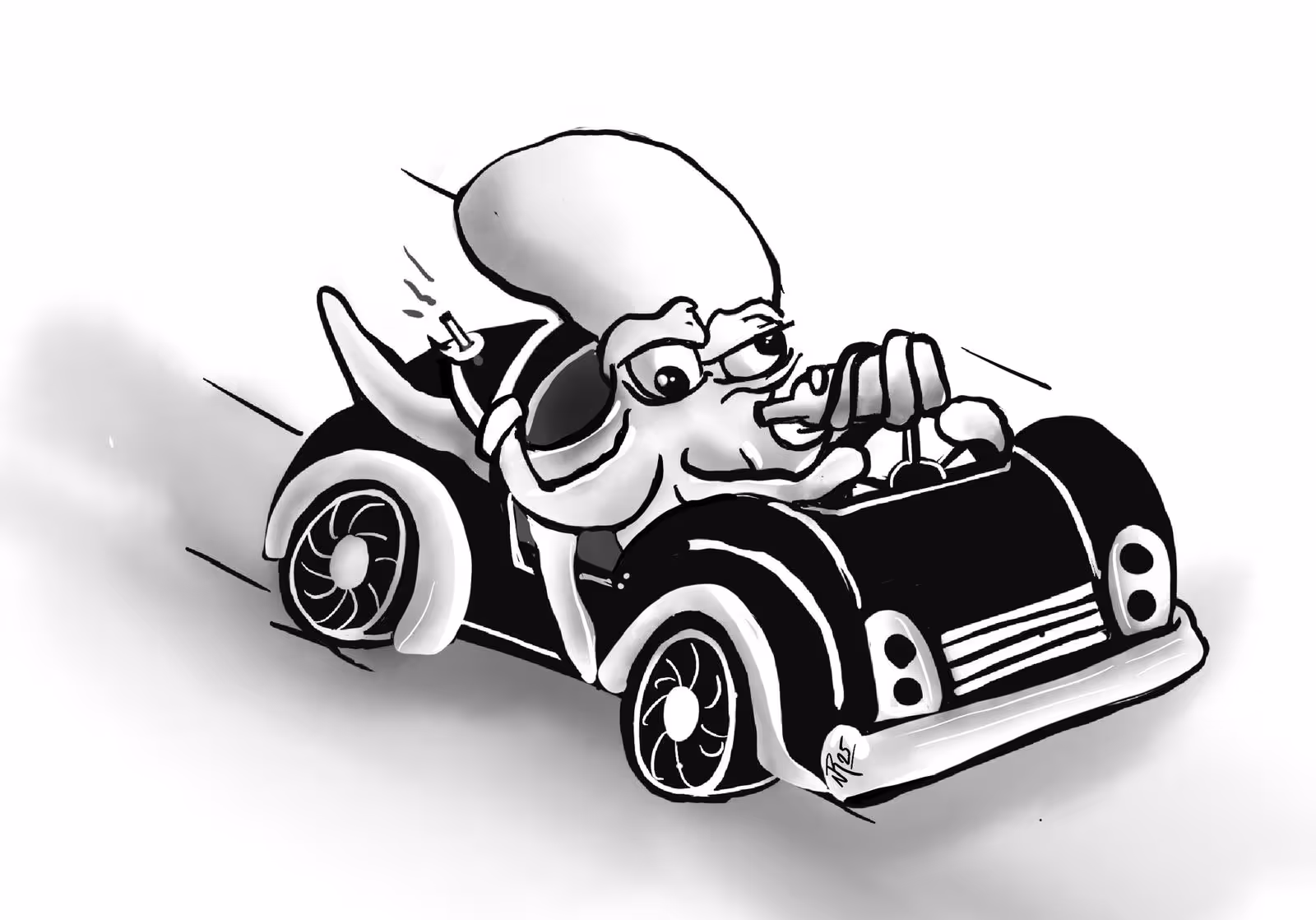 Cartoon squid driving a small vintage race car at speed.