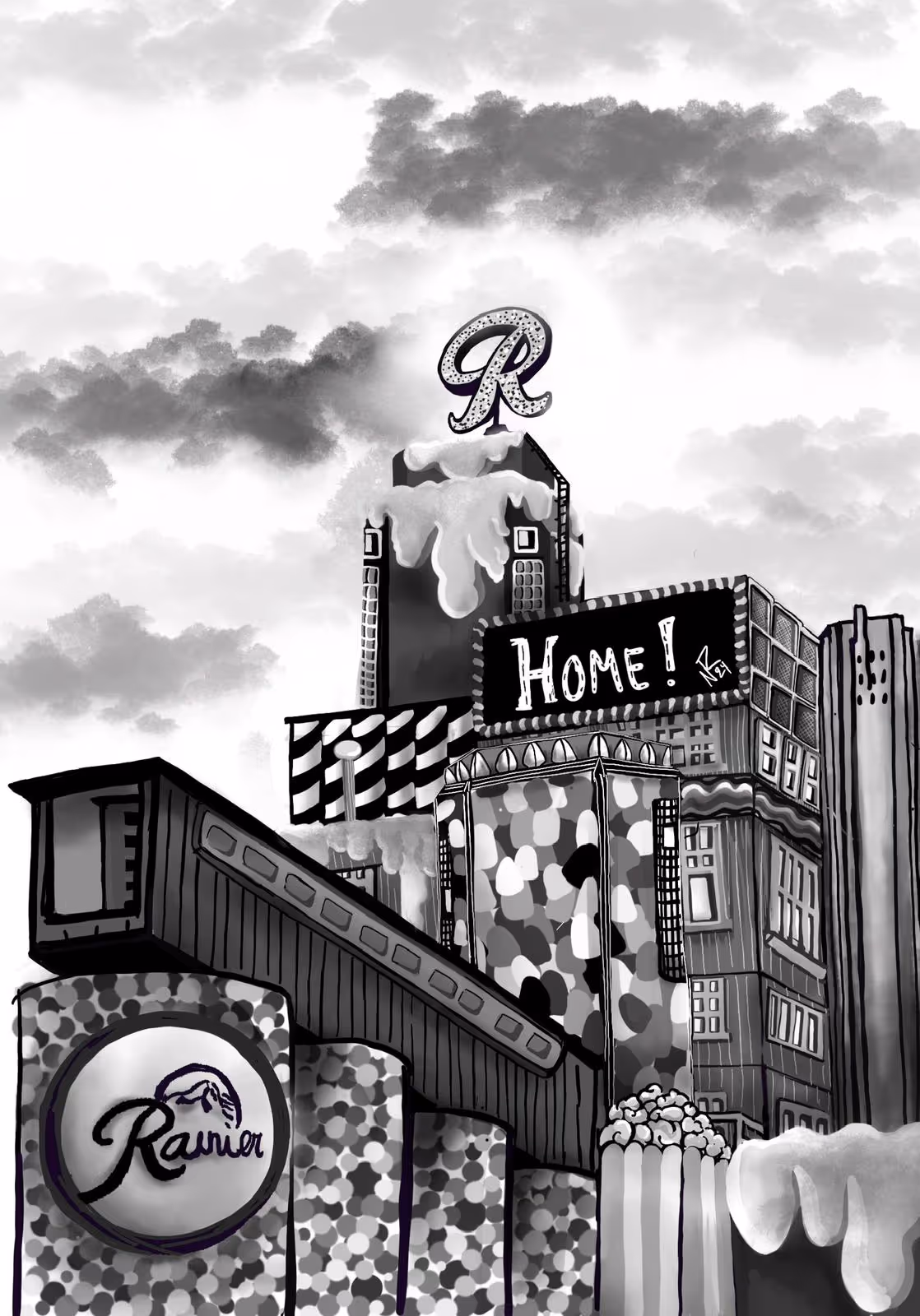 Black and white stylized cityscape with tall buildings, one showing a sign that says 'HOME!' and another with a circular logo reading 'Rainier'.