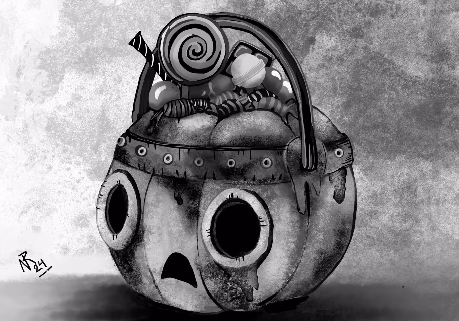 Black and white illustration of a carved pumpkin bucket filled with assorted candies and lollipops.