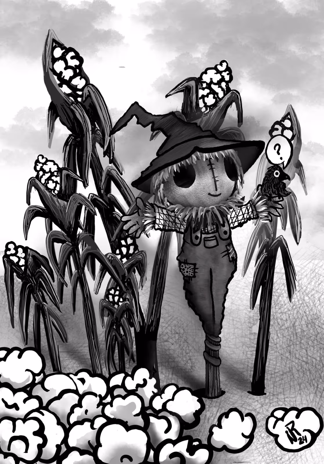 Black and white illustration of a scarecrow with a hat standing in a field of popcorn plants, holding a crow with a question mark above its head.