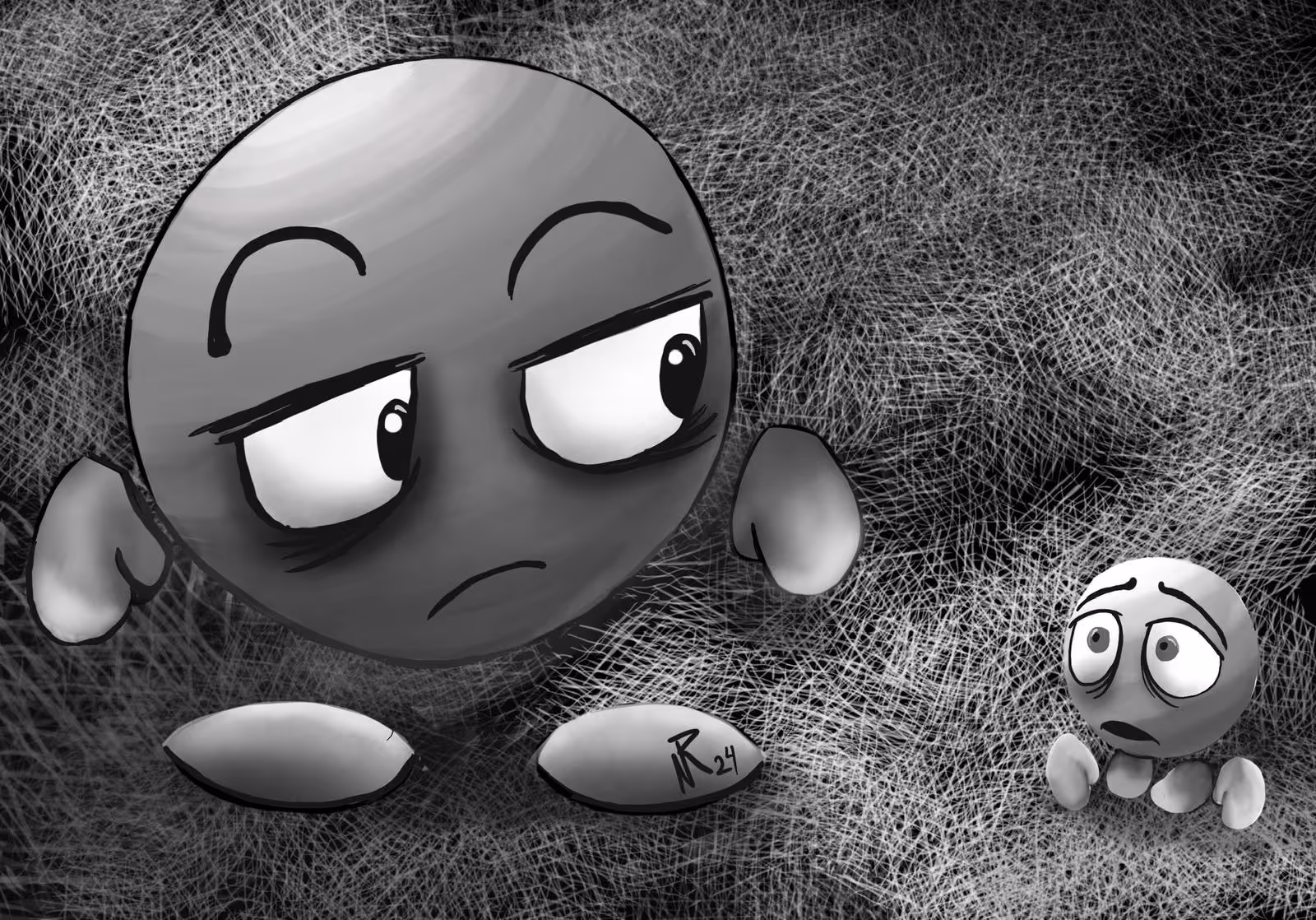 Black and white drawing of a large angry emoticon facing a smaller scared emoticon on a textured dark background.