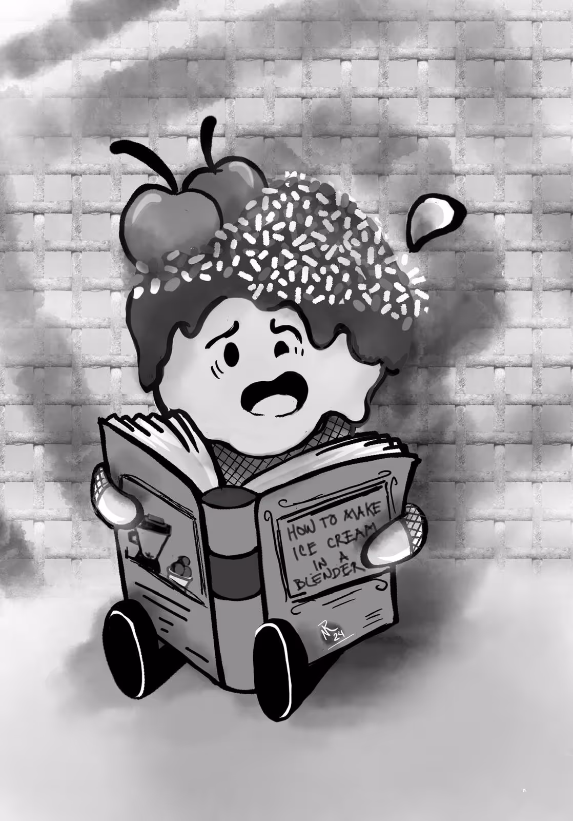 Illustration of an ice cream character with cherries and sprinkles on its head, looking worried while reading a book titled 'How to make ice cream in a blender.'