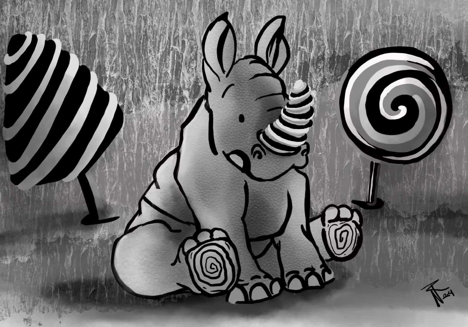 Black and white digital drawing of a baby rhinoceros sitting with swirled patterns on its horn and feet, flanked by two large swirl-patterned lollipops.