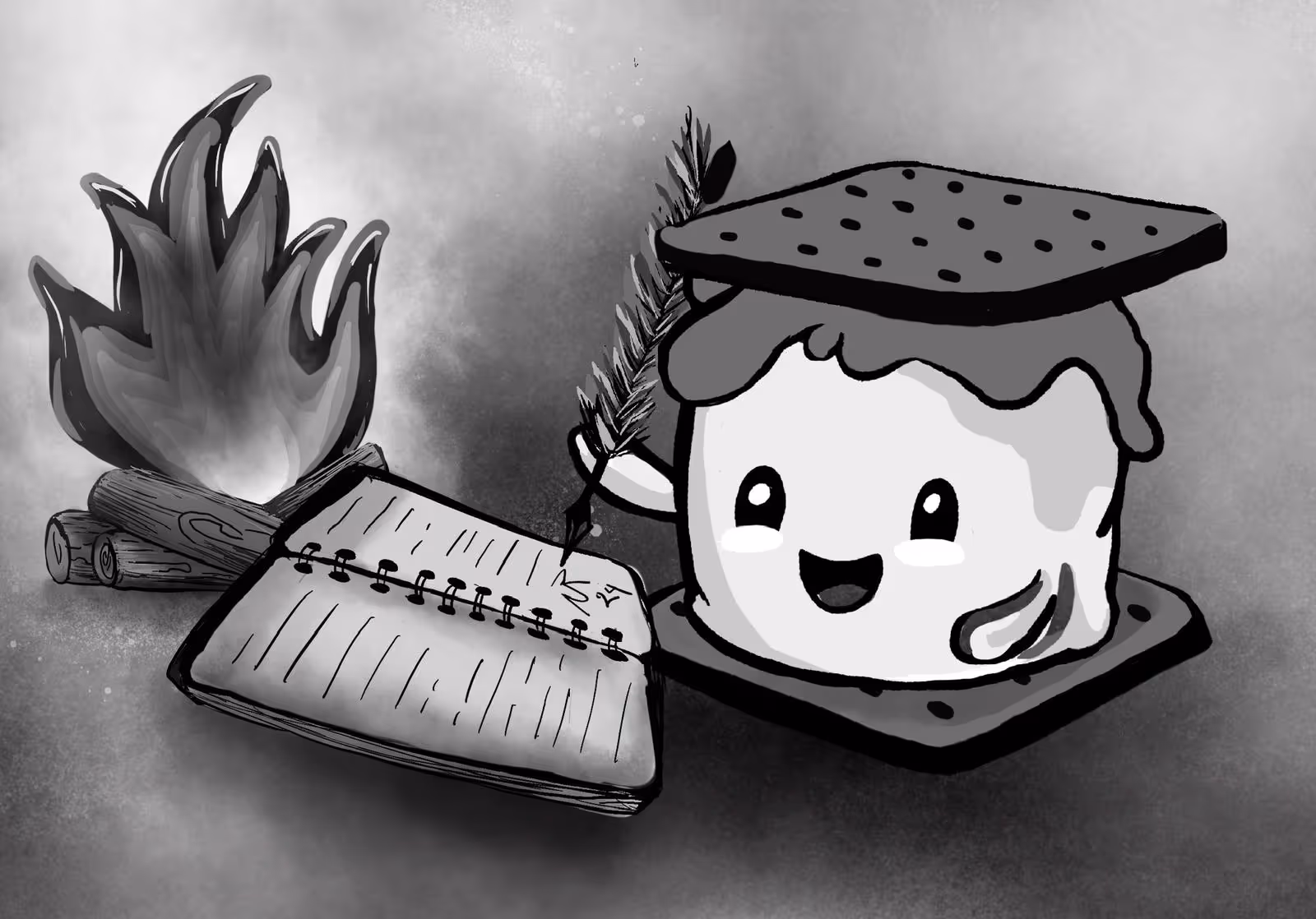 Illustration of a happy marshmallow character holding a pine branch pen and writing in a notebook near a campfire.