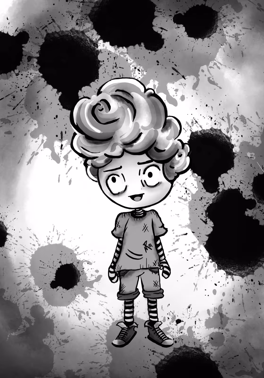 Black and white cartoon of a smiling child with curly hair, striped sleeves and socks, standing against a background of ink splatters.