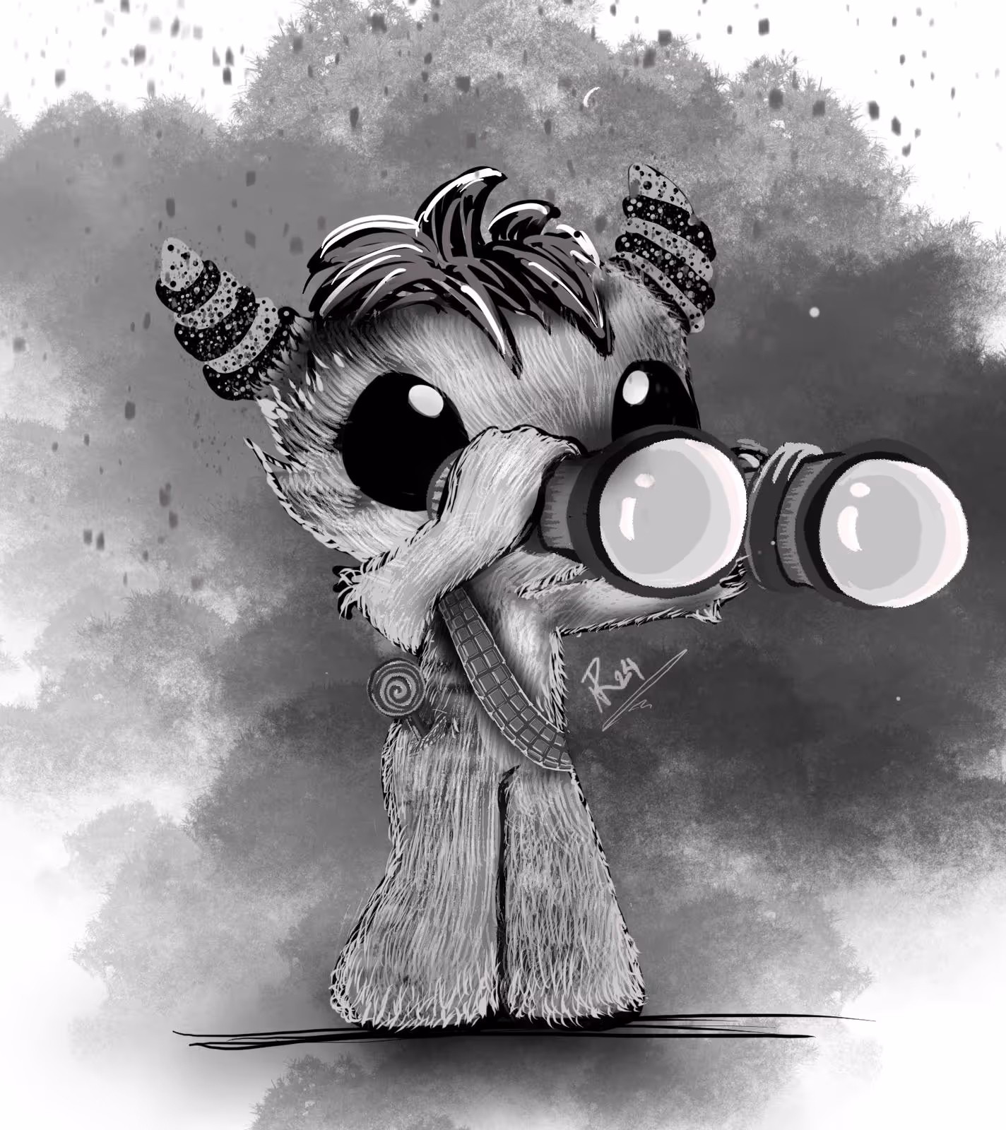 Black and white digital illustration of a furry creature with striped horns looking through binoculars against a textured background.