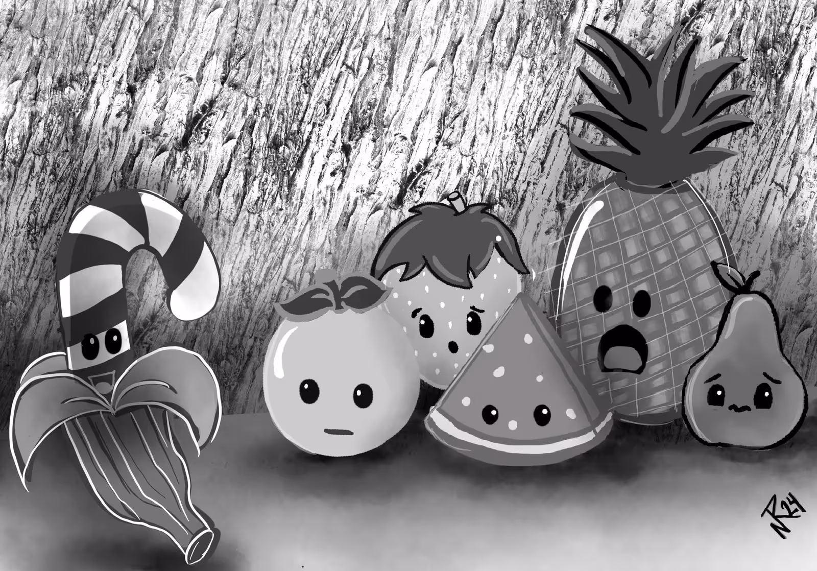 Cartoon fruits and a candy cane with expressive faces against a textured wood background, including a peeled banana that's been an undercover peppermint stick, orange, strawberry, watermelon slice, pineapple, and pear.