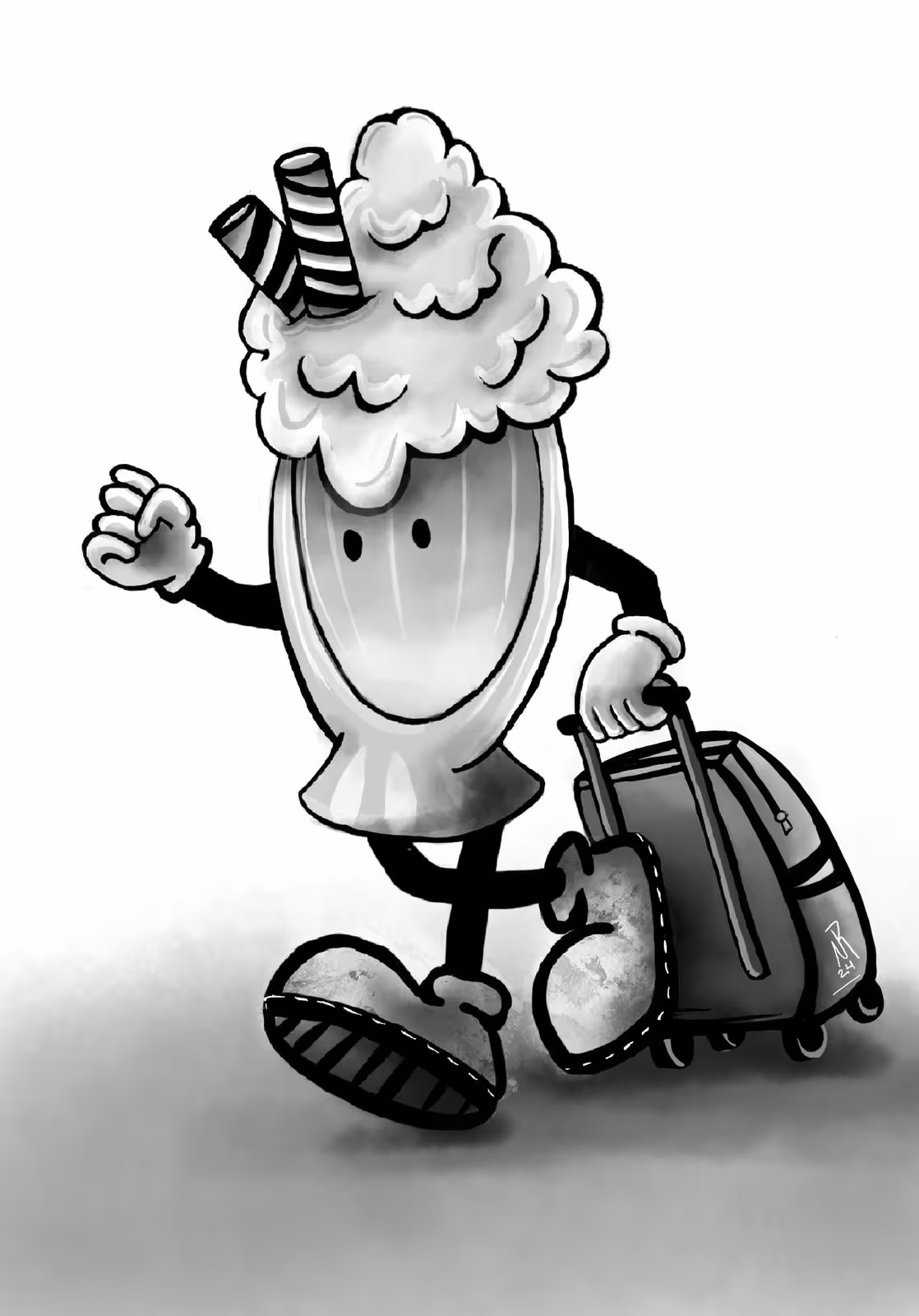 Cartoon milkshake character with whipped cream and cookie straws, walking with a rolling suitcase and wearing boots.