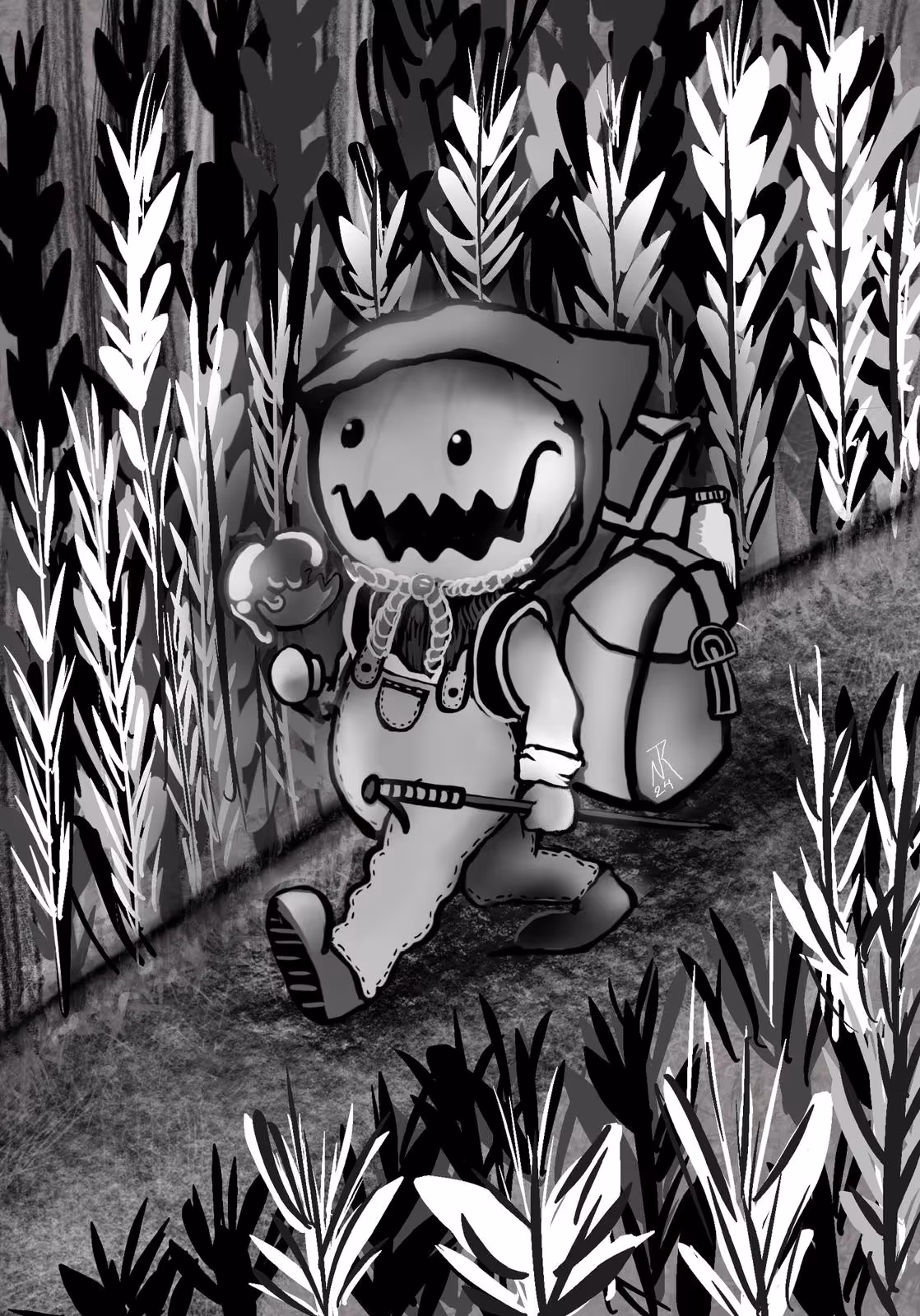 A character with a hood, jagged mouth, and round eyes walks on a path through tall plants, holding a sword and an ice cream cone, carrying a large backpack.