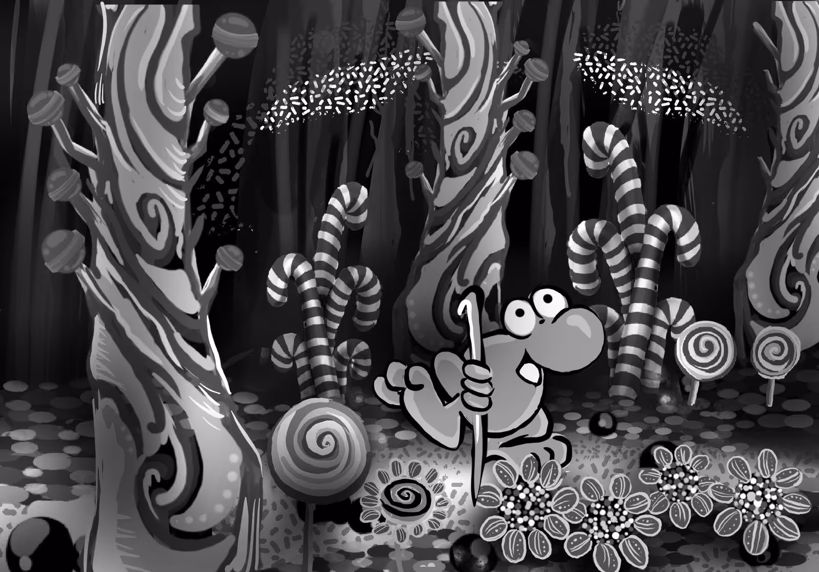 Cartoon character holding a staff, standing in a whimsical forest with candy cane plants, lollipops, and flower-like shapes.