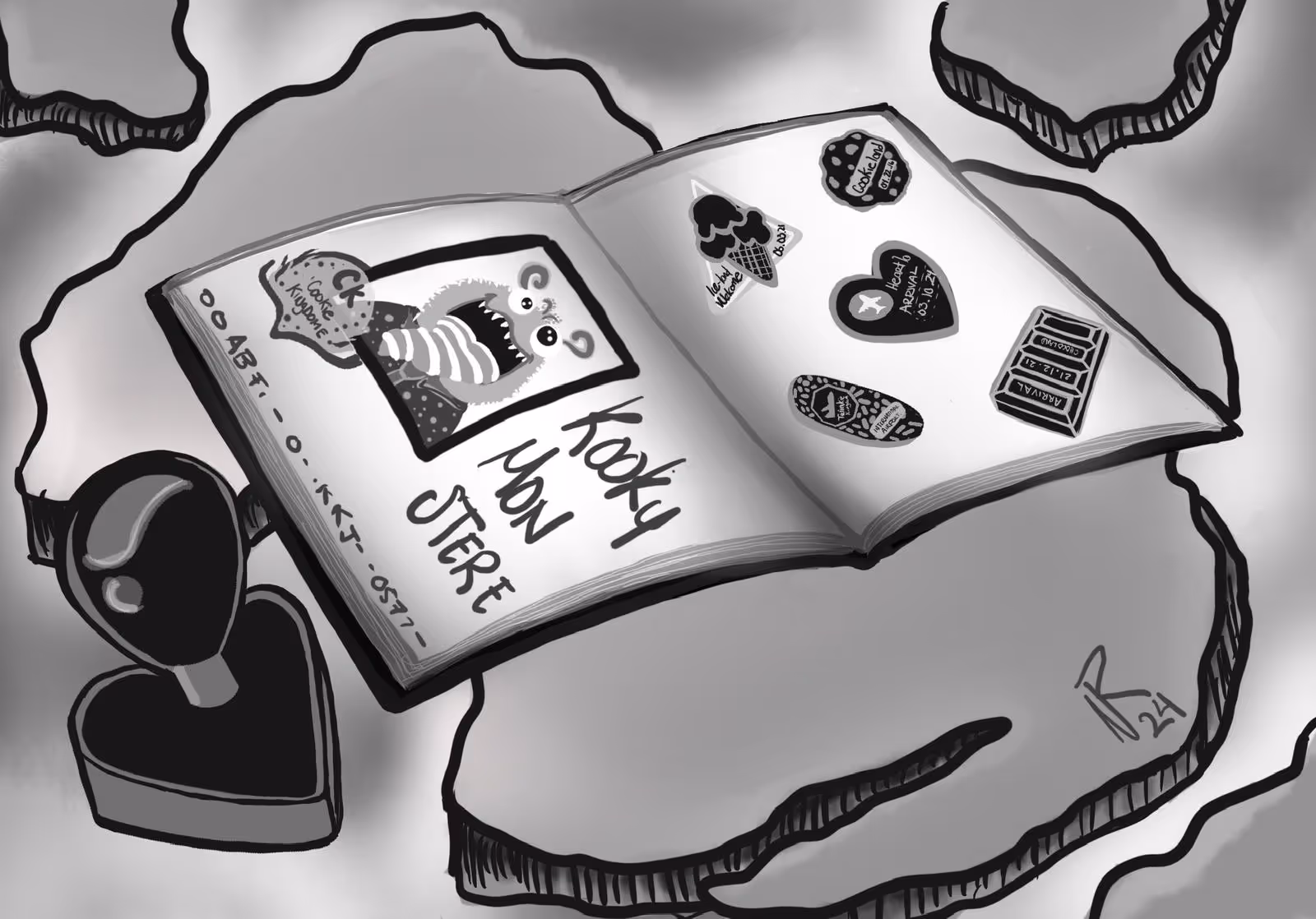 Black and white illustration of an open scrapbook titled 'Kooky Monster' with monster-themed stickers and a monster drawing, surrounded by cloud shapes and a heart-shaped stamp.