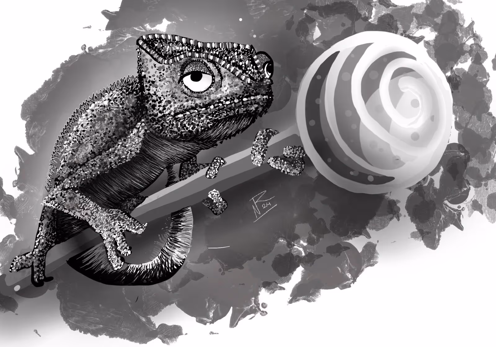 Black and white digital illustration of a chameleon clinging to a large lollipop.