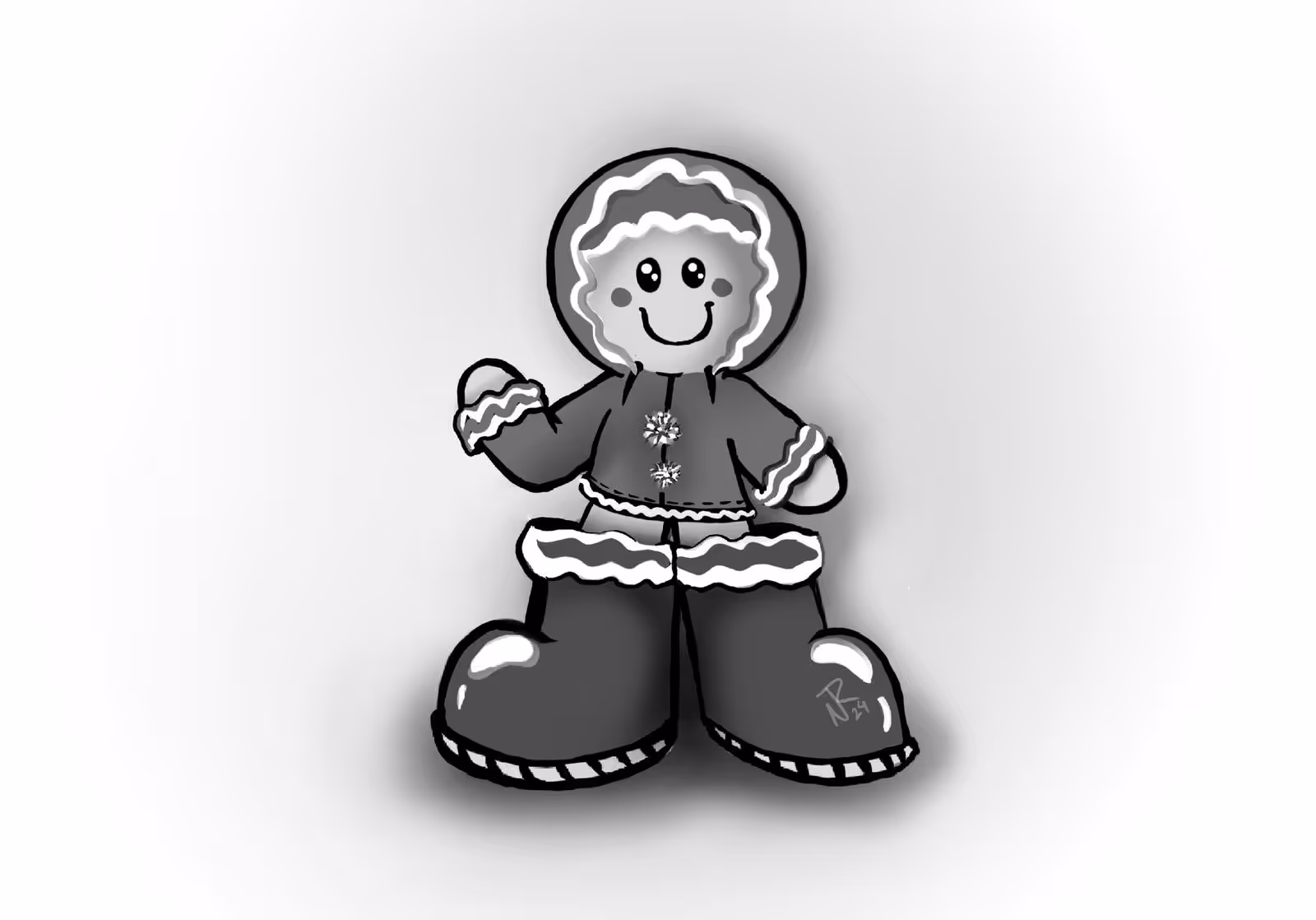 Black and white illustration of a smiling gingerbread person wearing a hooded jacket and large boots with decorative wavy trim.