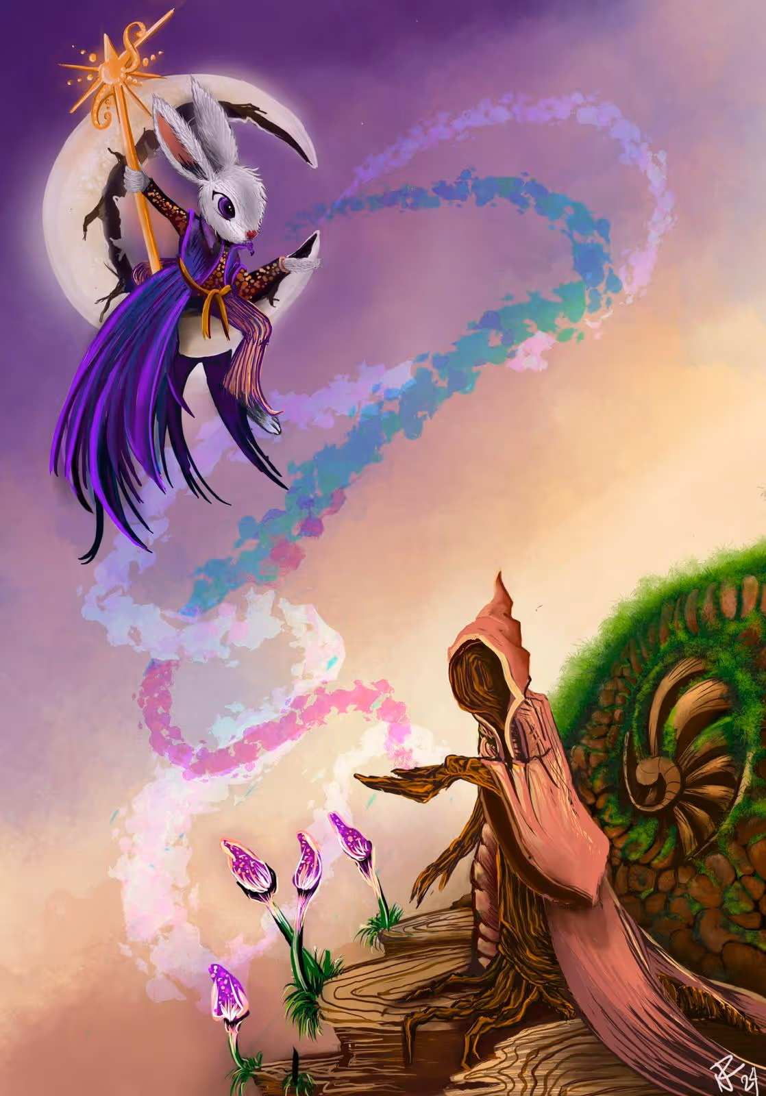 Fantasy scene with a white rabbit in purple robes holding a staff, floating near a cracked moon, and a hooded tree figure sitting on wooden steps surrounded by glowing purple flowers.