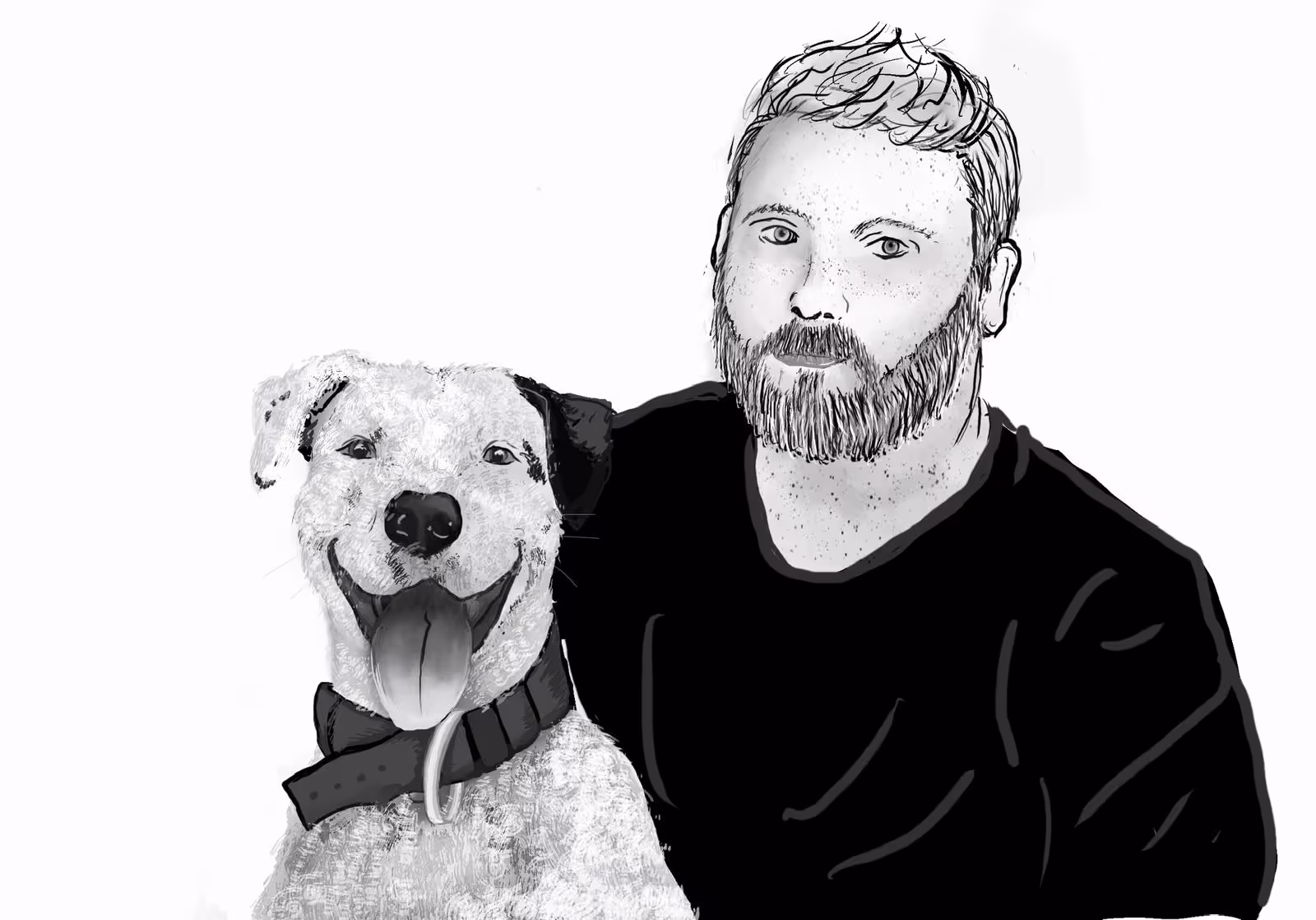 Black and white digital drawing of a bearded man in a black shirt sitting with a happy dog wearing a collar and bow tie.